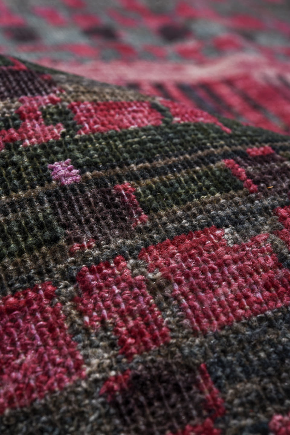 9' x 13' one-of-a-kind handmade handmade Contemporary large size rug. Color palette: charcoal, rose, slate, crimson, blue