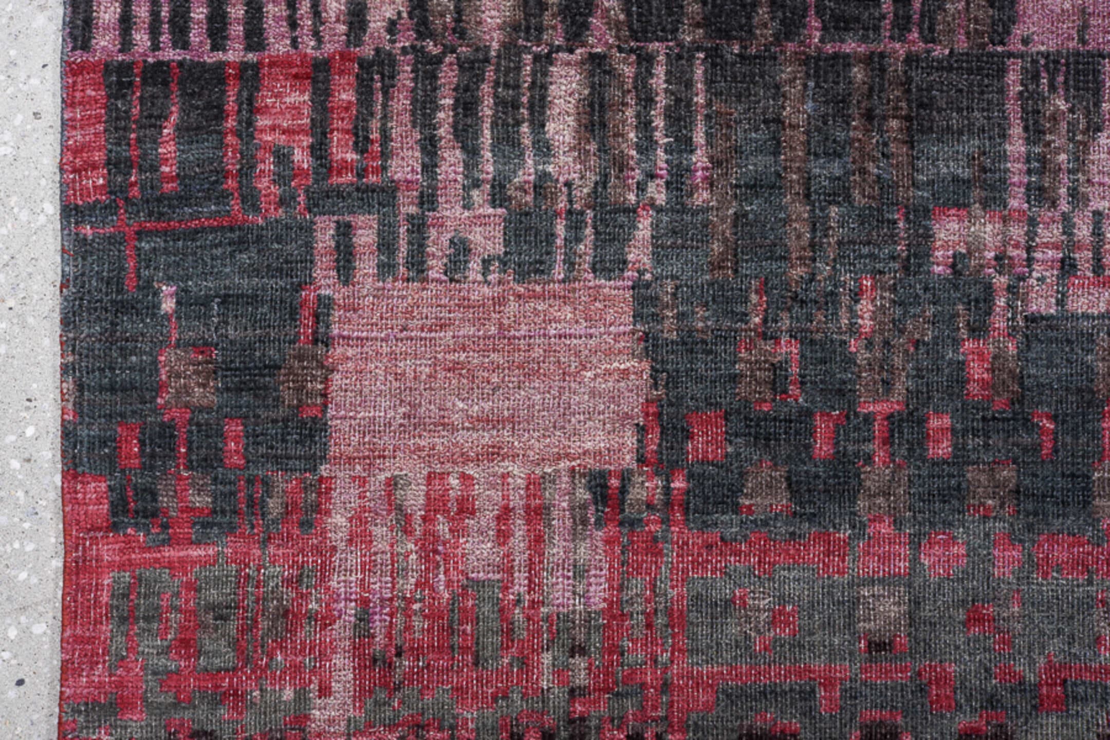 9' x 13' one-of-a-kind handmade handmade Contemporary large size rug. Color palette: charcoal, rose, slate, crimson, blue