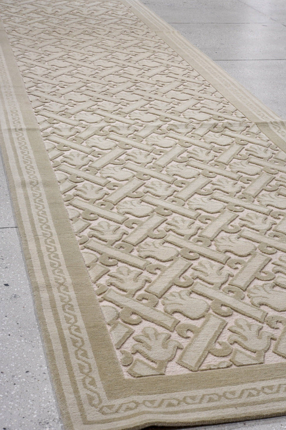 4' x 15' one-of-a-kind handmade handmade Contemporary runner rug. Color palette: ivory, taupe, beige, sand, gray