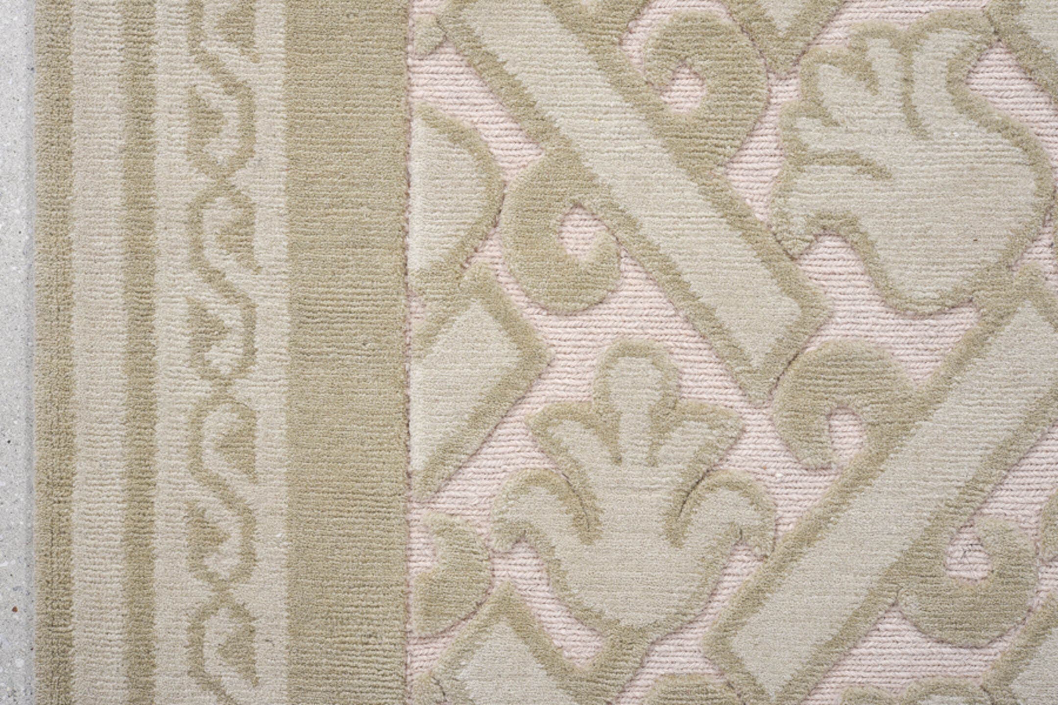 4' x 15' one-of-a-kind handmade handmade Contemporary runner rug. Color palette: ivory, taupe, beige, sand, gray