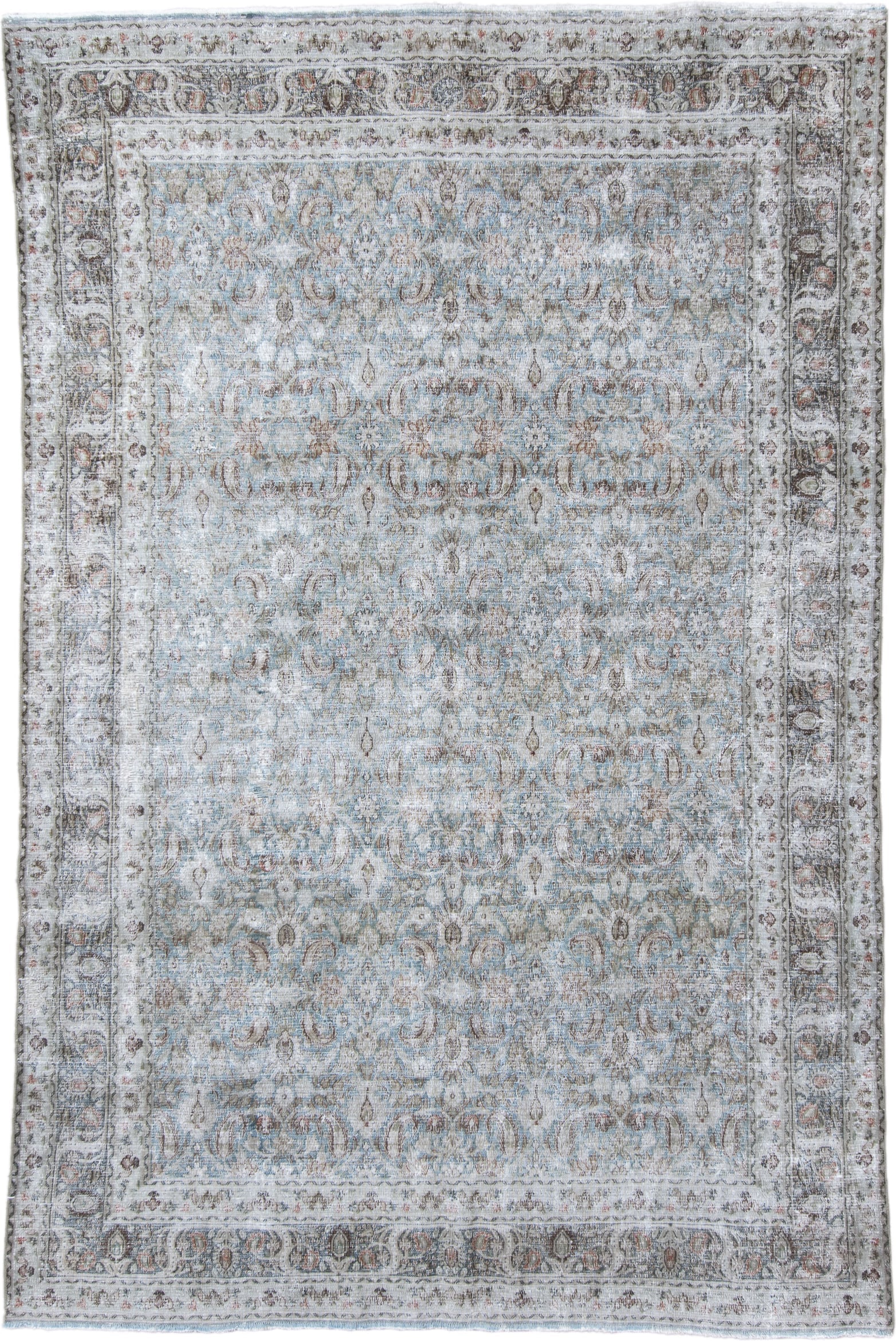 6' x 9' one-of-a-kind handmade antique Khorassan medium size rug. Color palette: ivory, pale blue, taupe, blue gray