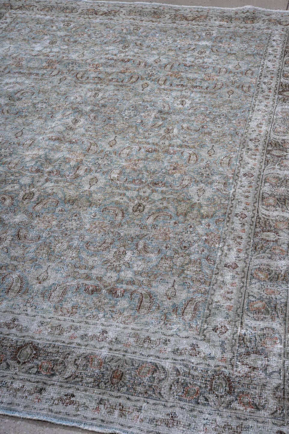 6' x 9' one-of-a-kind handmade antique Khorassan medium size rug. Color palette: ivory, pale blue, taupe, blue gray