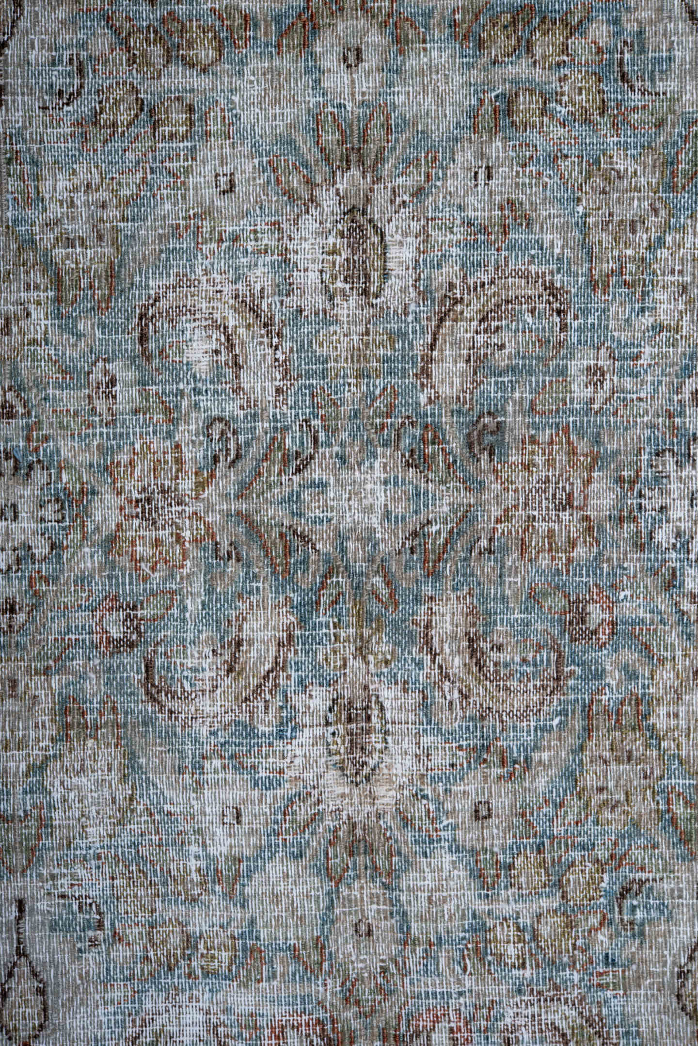 6' x 9' one-of-a-kind handmade antique Khorassan medium size rug. Color palette: ivory, pale blue, taupe, gray, muted rust