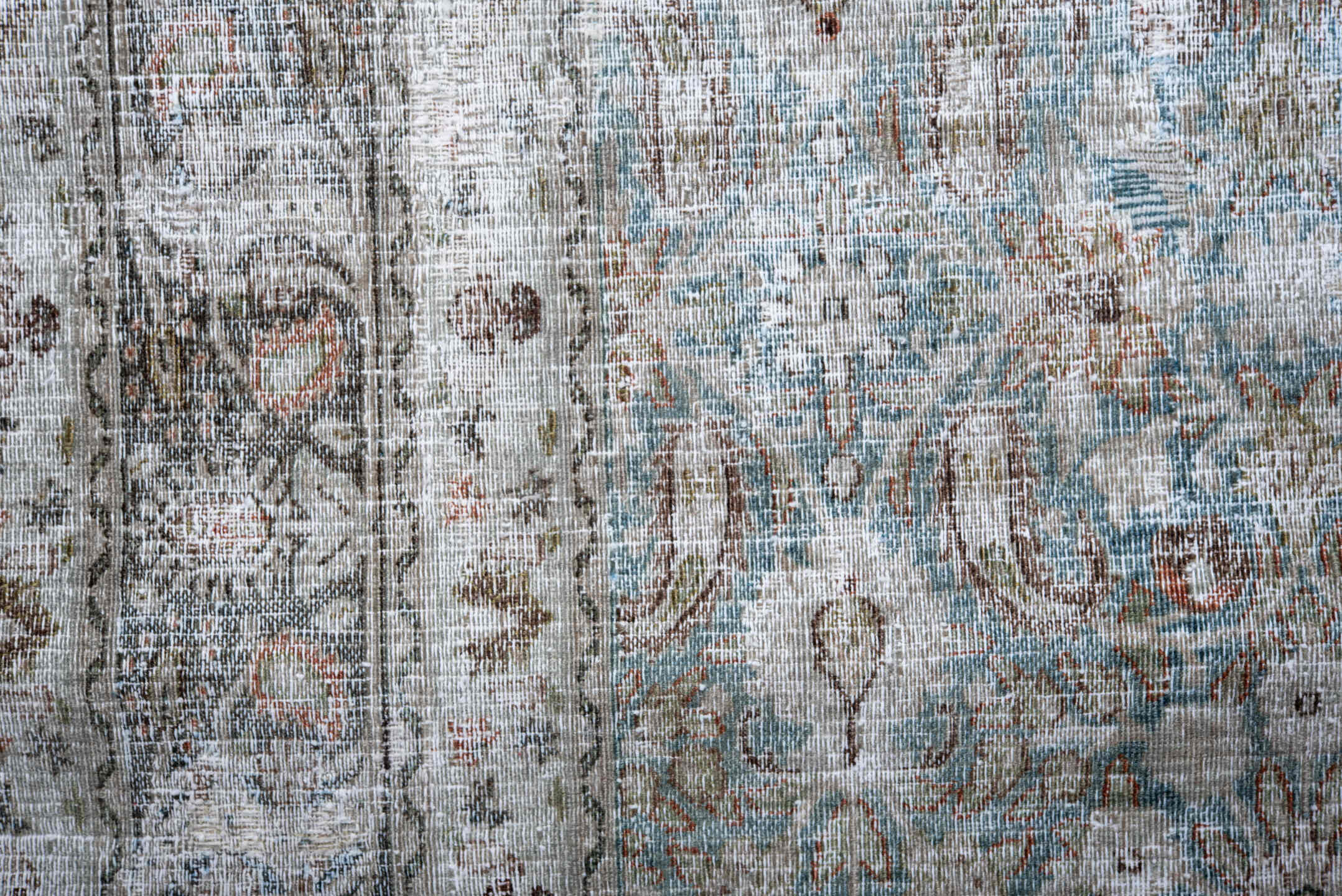 6' x 9' one-of-a-kind handmade antique Khorassan medium size rug. Color palette: ivory, pale blue, taupe, gray, muted rust