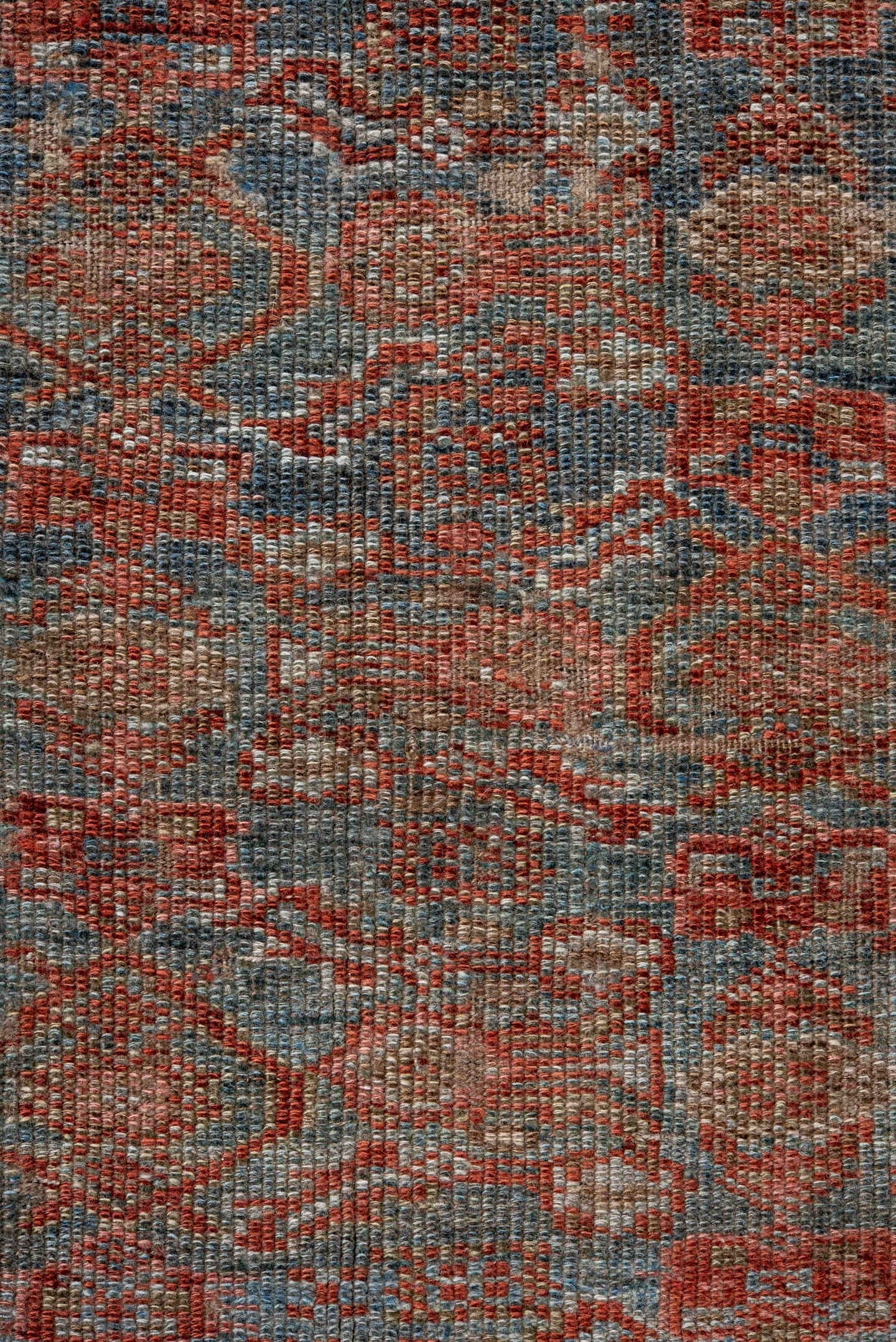 3' x 11' one-of-a-kind handmade antique Kurd runner rug. Color palette: ivory, rust, blue, taupe, brown, charcoal