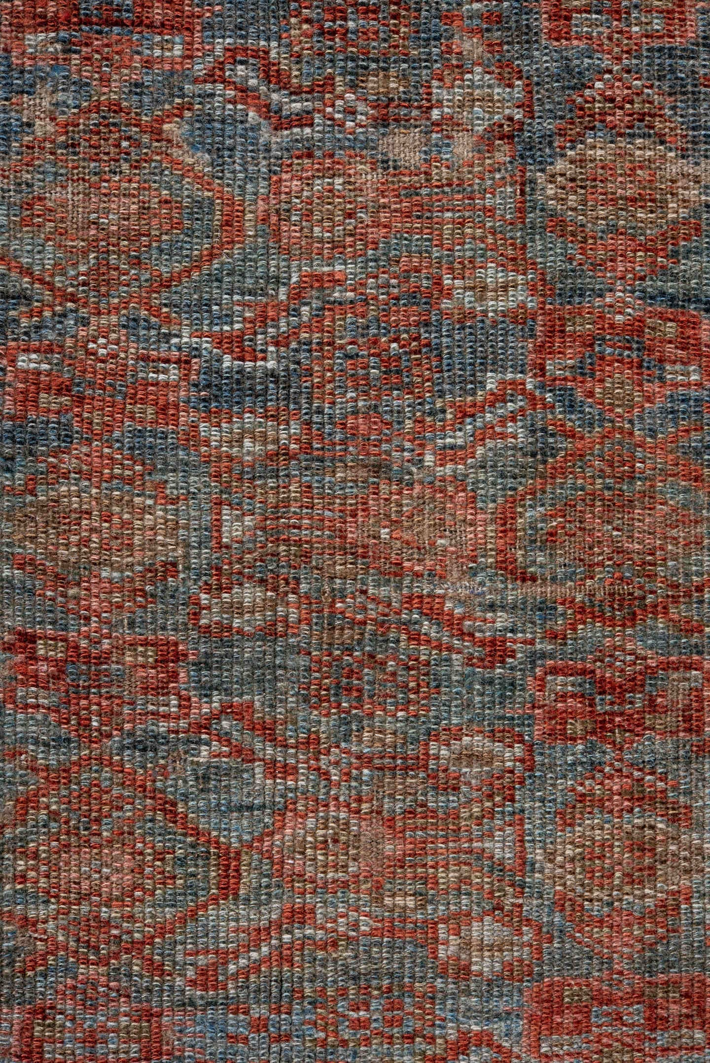 3' x 11' one-of-a-kind handmade antique Kurd runner rug. Color palette: ivory, rust, blue, taupe, brown, charcoal