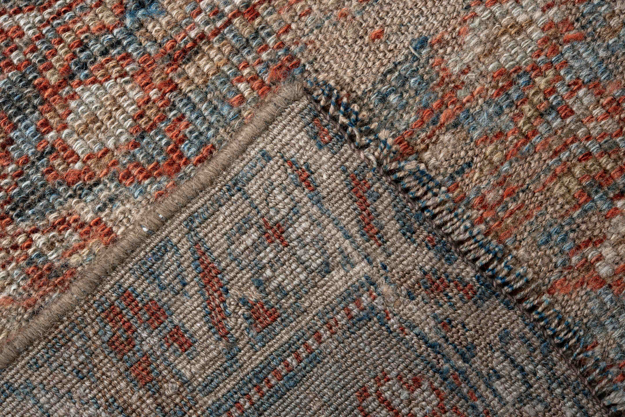 3' x 11' one-of-a-kind handmade antique Kurd runner rug. Color palette: ivory, rust, blue, taupe, brown, charcoal