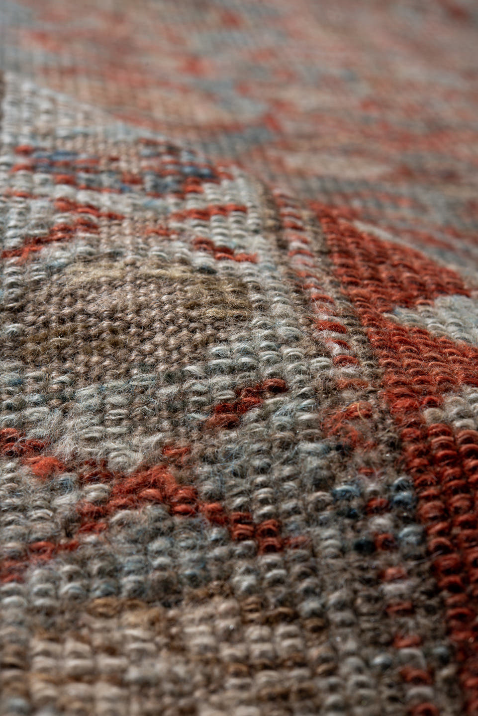 3' x 11' one-of-a-kind handmade antique Kurd runner rug. Color palette: ivory, rust, blue, taupe, brown, charcoal