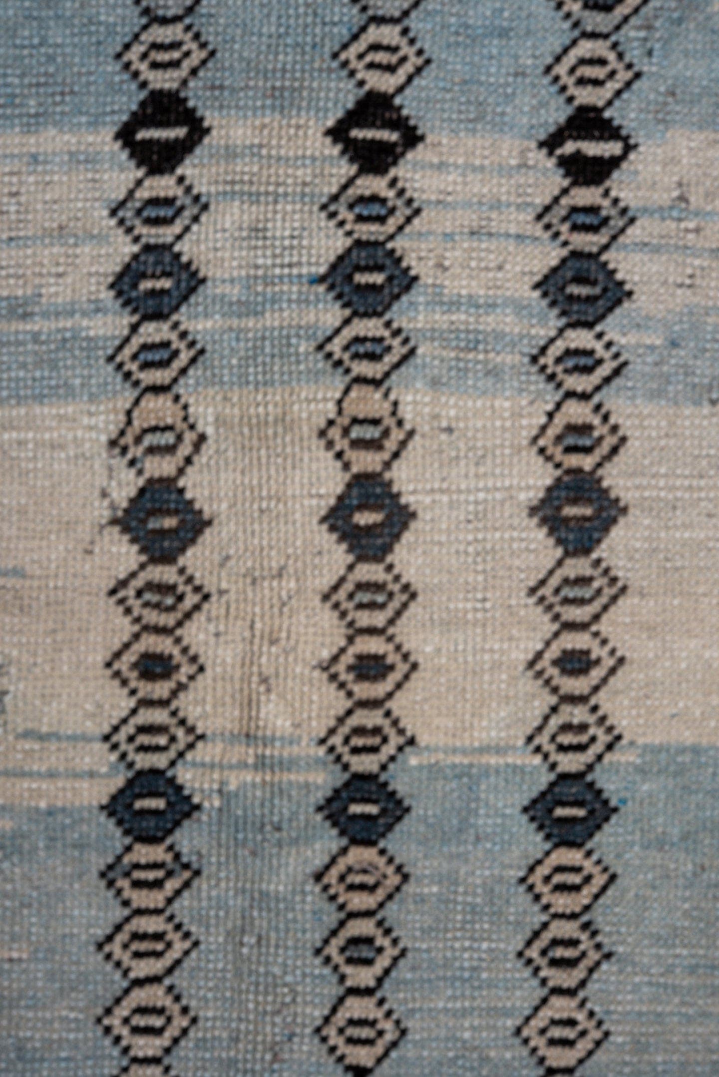 12' x 14' one-of-a-kind handmade antique Kars oversize rug. Color palette: ivory, pale blue, slate, sky blue, taupe