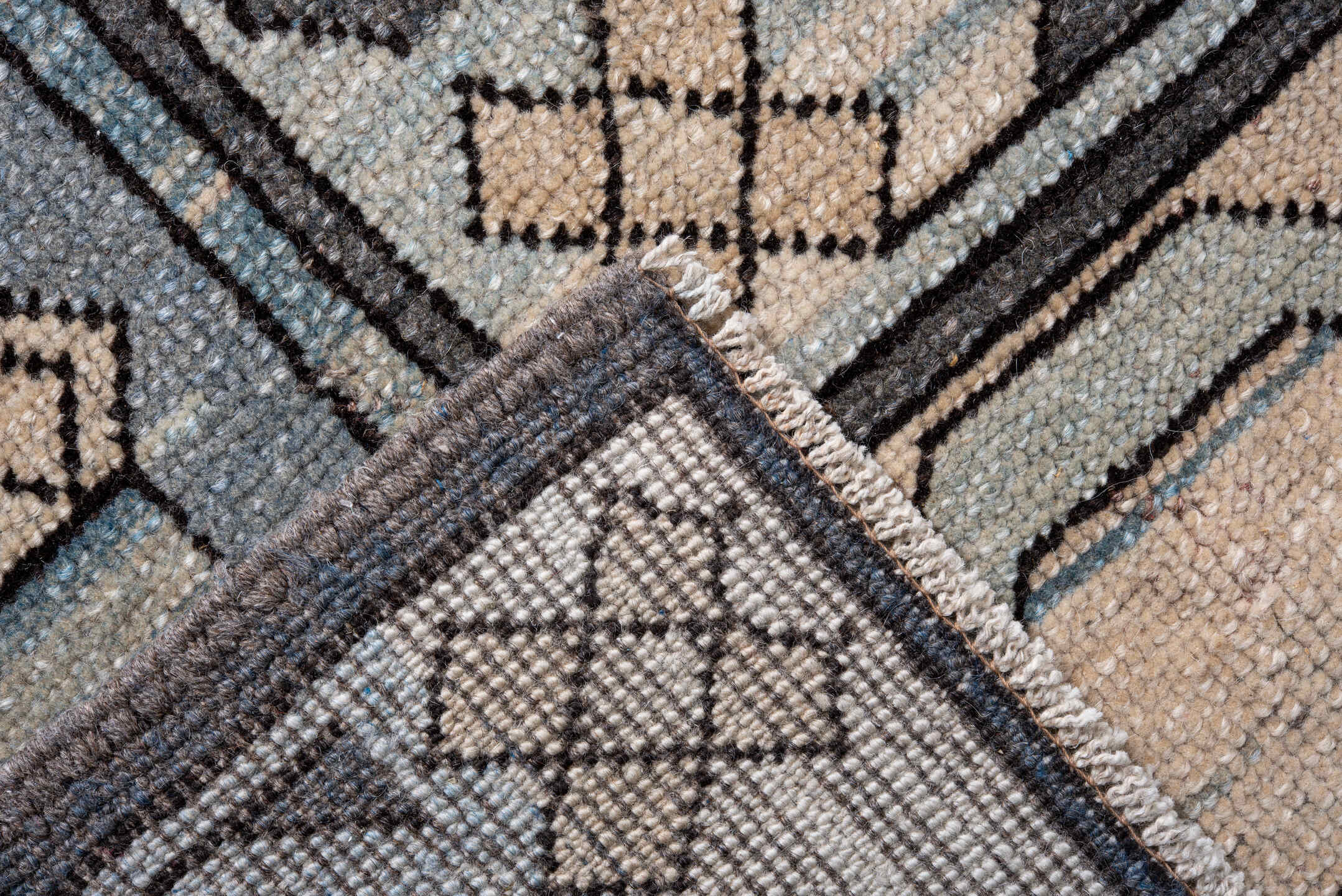 12' x 14' one-of-a-kind handmade antique Kars oversize rug. Color palette: ivory, pale blue, slate, sky blue, taupe