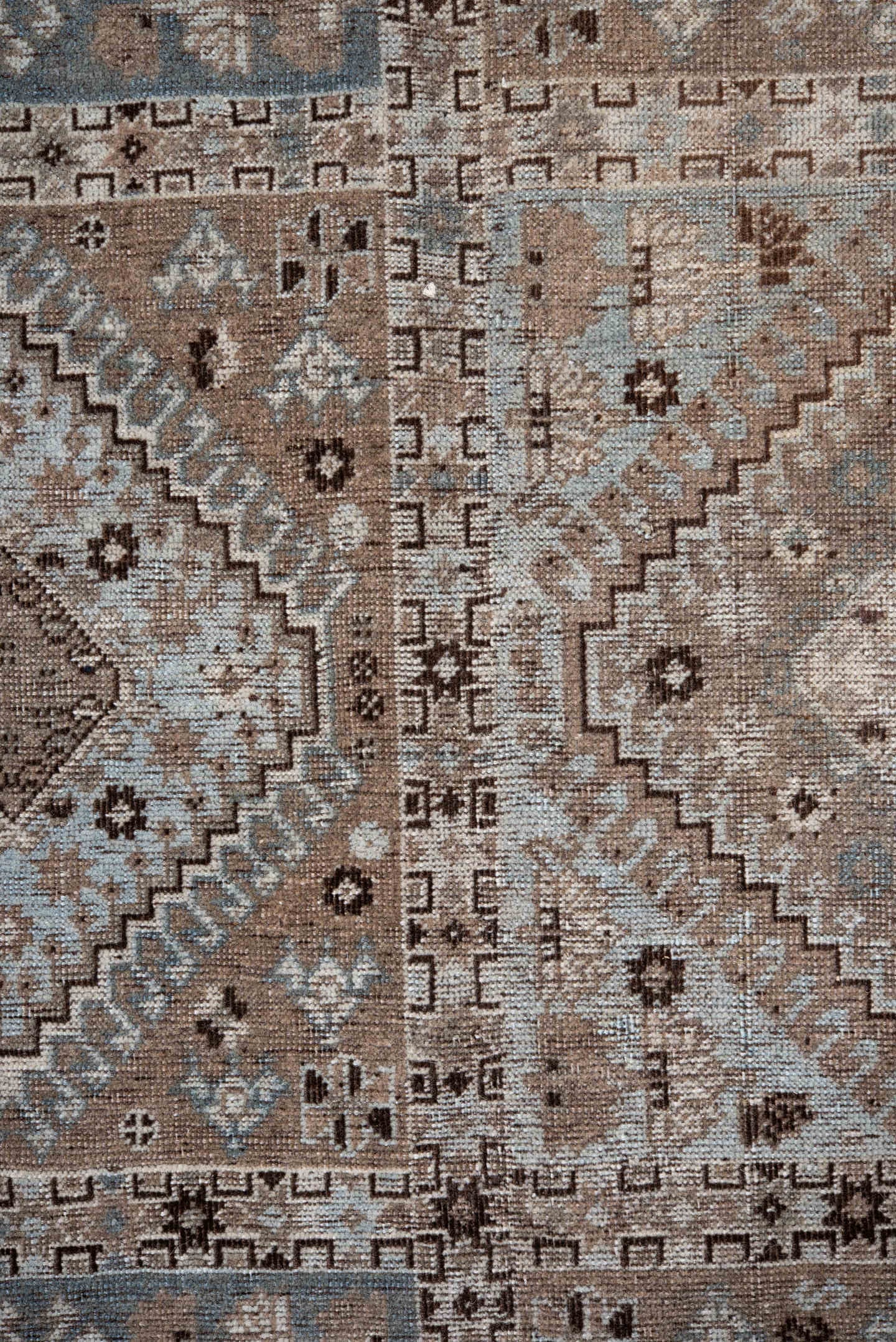 6' x 8' one-of-a-kind handmade antique Shiraz medium size rug. Color palette: taupe, camel, slate, ivory, brown, charcoal