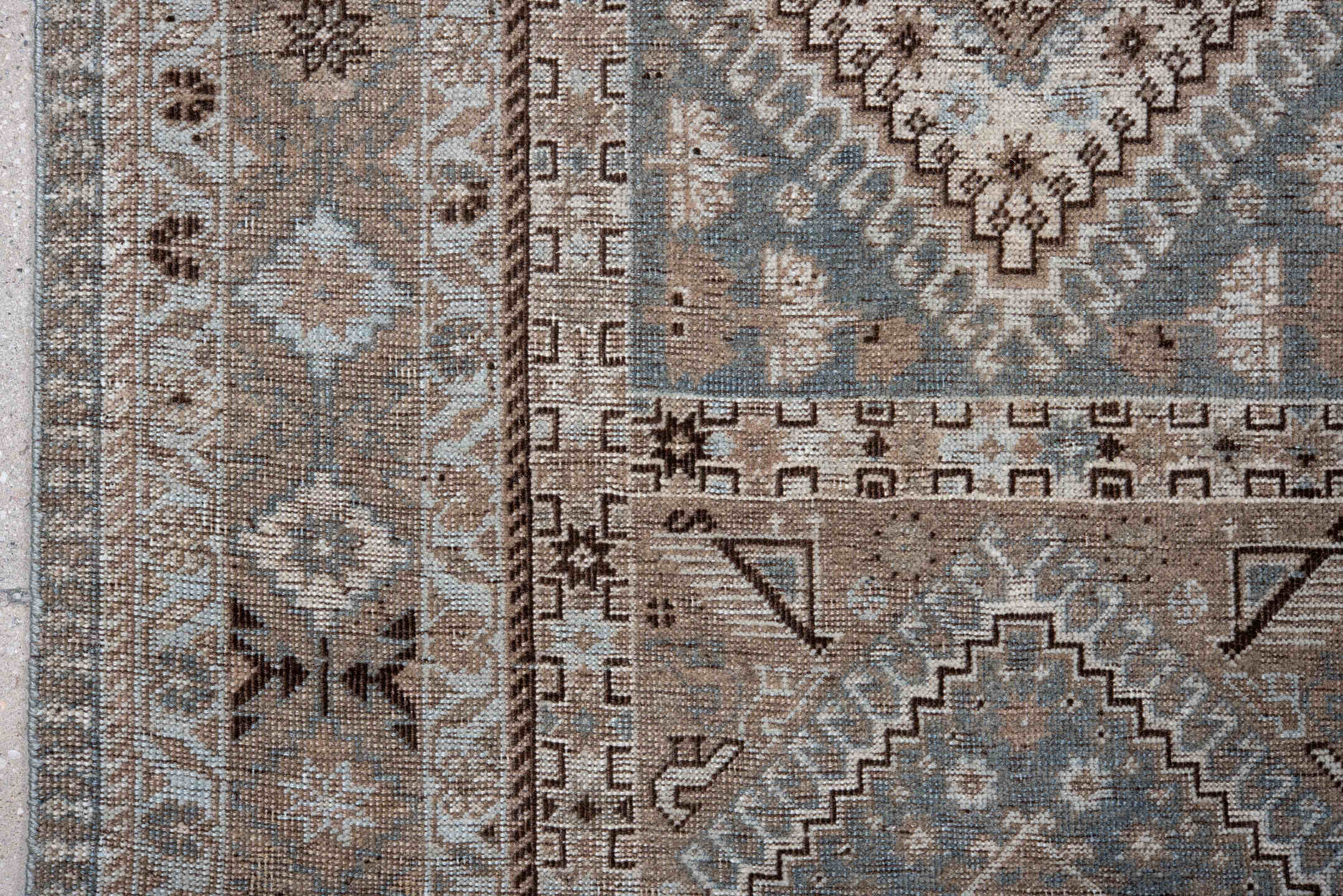 6' x 8' one-of-a-kind handmade antique Shiraz medium size rug. Color palette: taupe, camel, slate, ivory, brown, charcoal