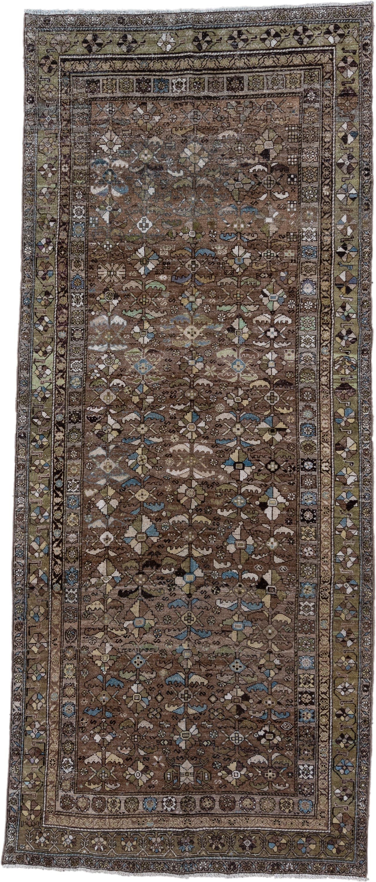 5' x 12' one-of-a-kind handmade antique Malayer runner rug. Color palette: brown, taupe, olive, ivory, sky_blue, charcoal