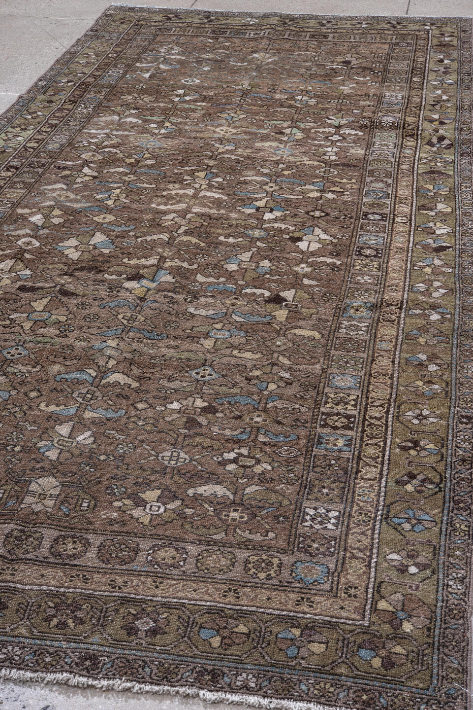 5' x 12' one-of-a-kind handmade antique Malayer runner rug. Color palette: brown, taupe, olive, ivory, sky_blue, charcoal