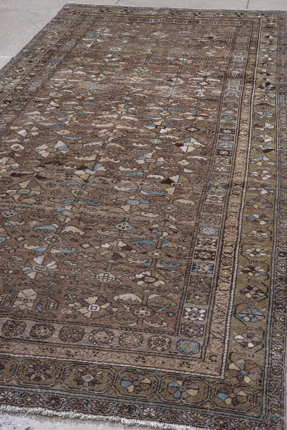 5' x 12' one-of-a-kind handmade antique Malayer runner rug. Color palette: brown, taupe, olive, ivory, sky_blue, charcoal