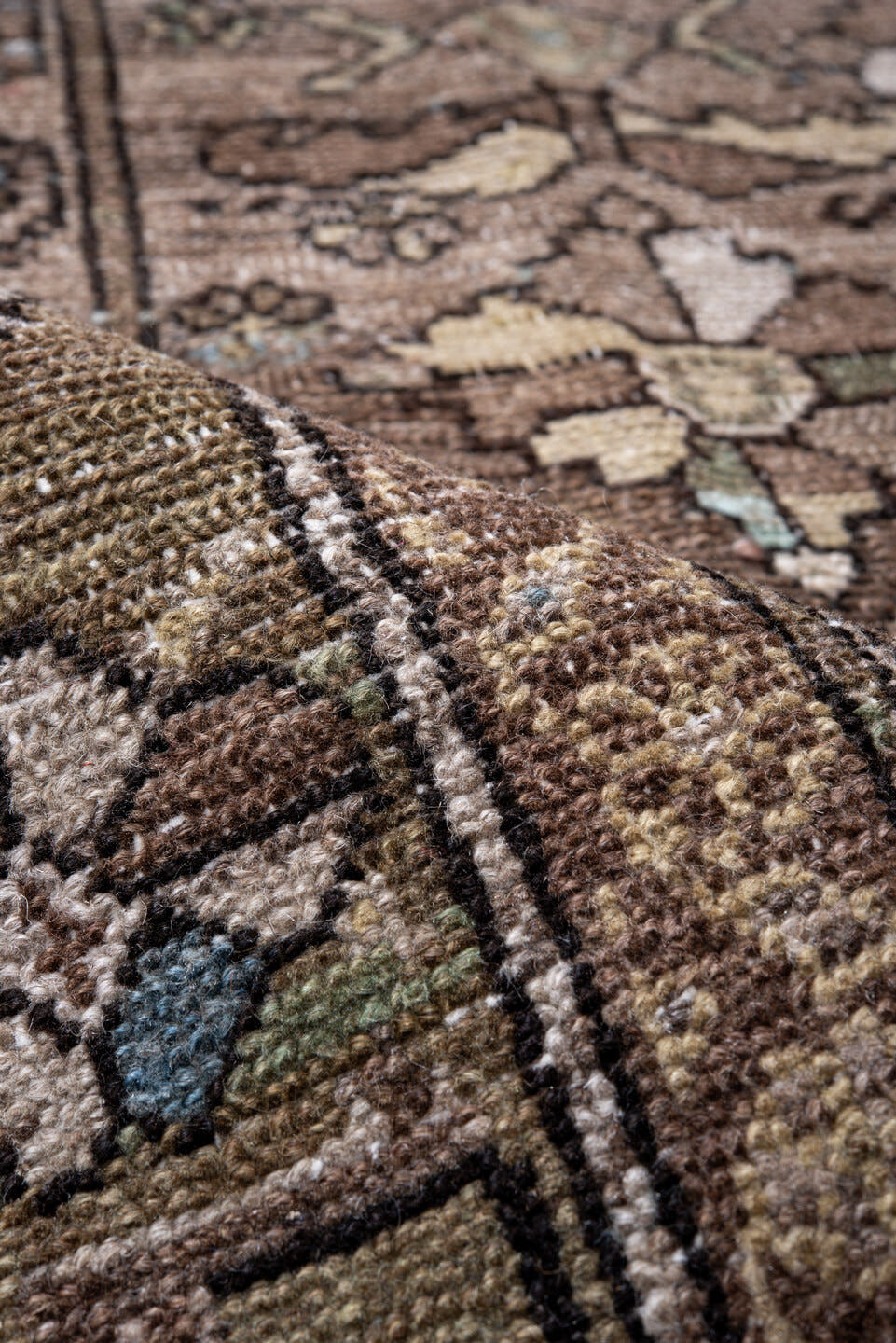 5' x 12' one-of-a-kind handmade antique Malayer runner rug. Color palette: brown, taupe, olive, ivory, sky_blue, charcoal