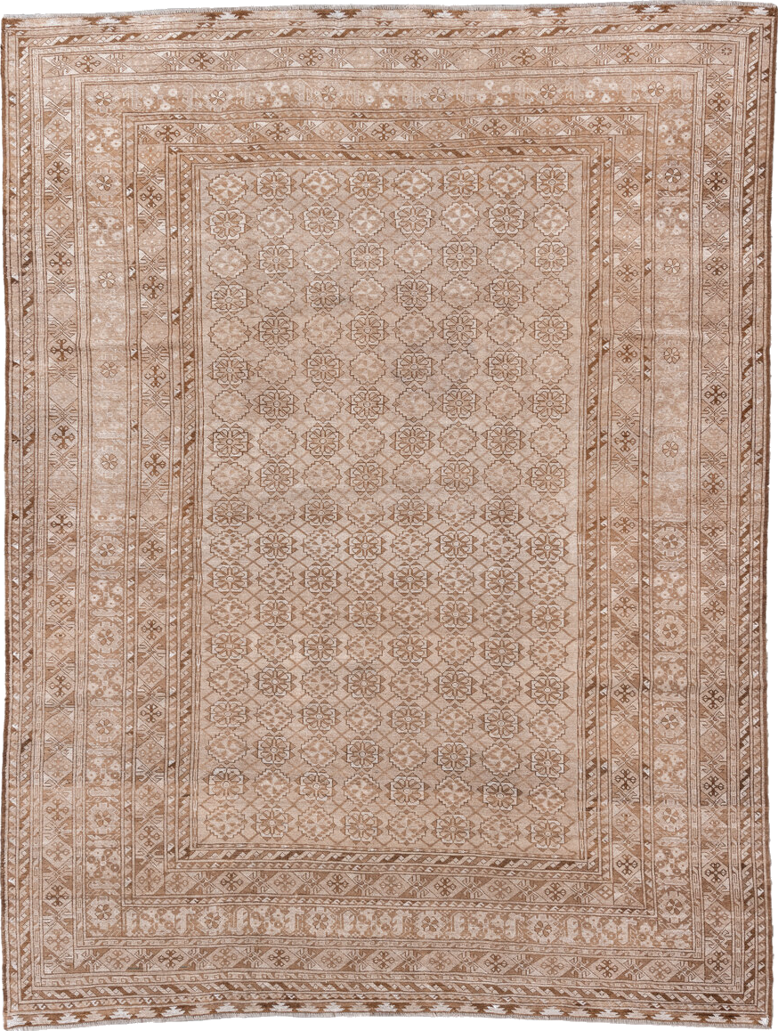8' x 10' one-of-a-kind handmade vintage Afghan large size rug. Color palette: brown, gray, light gray, off-white, pink