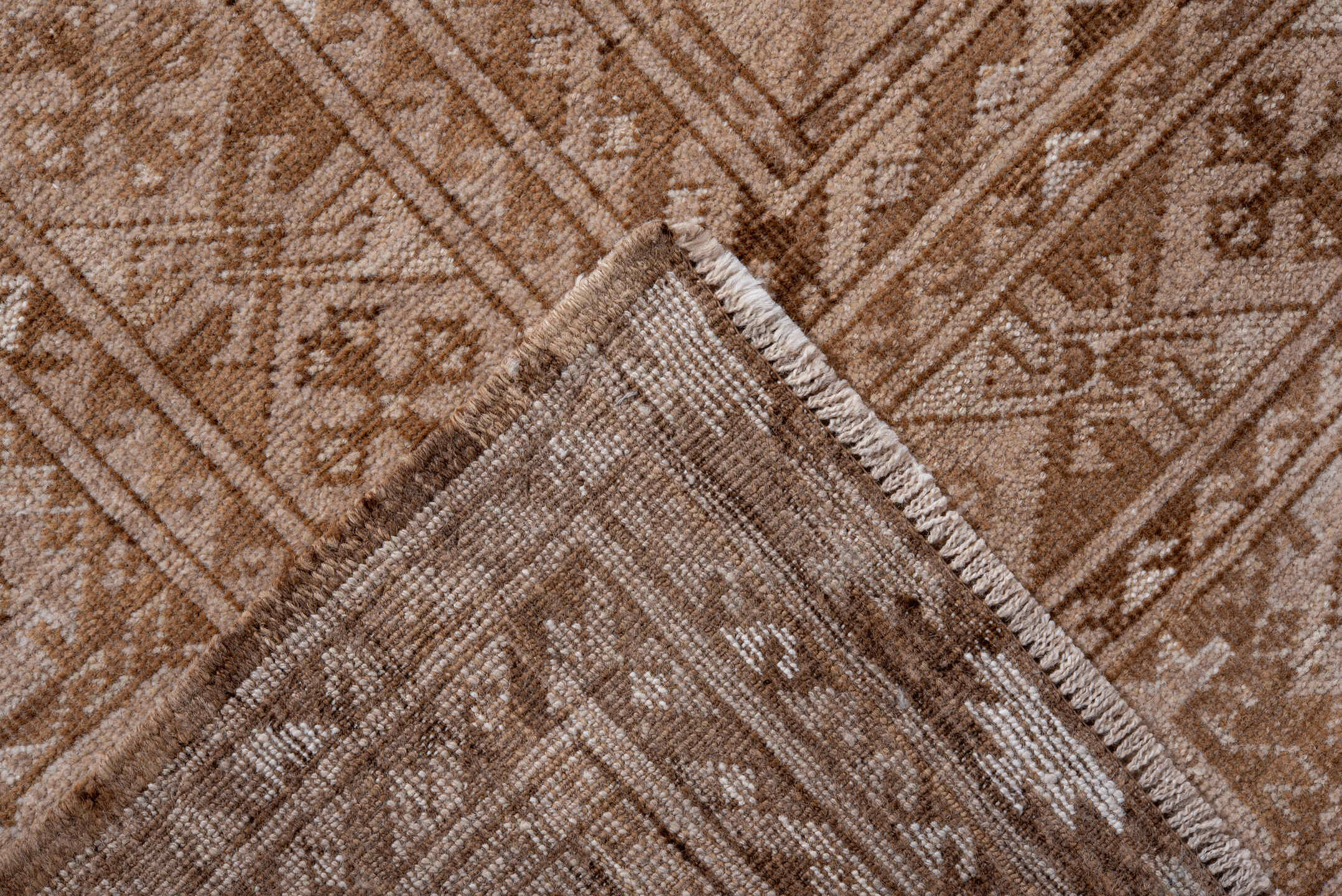8' x 10' one-of-a-kind handmade vintage Afghan large size rug. Color palette: brown, gray, light gray, off-white, pink