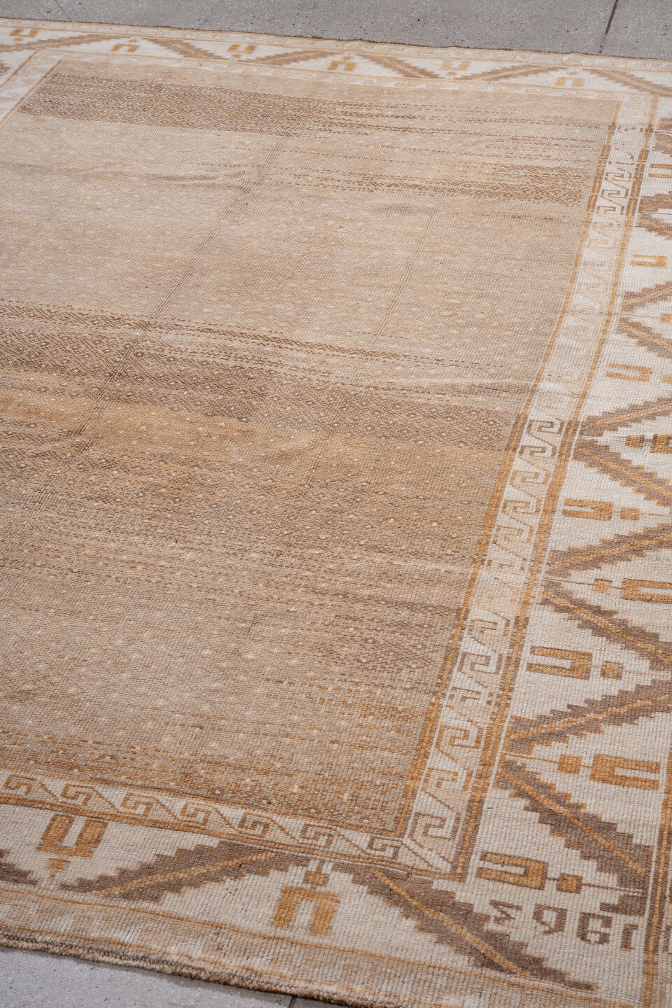 6' x 8' one-of-a-kind handmade antique Kars medium size rug. Color palette: camel, ivory, taupe, tan, brown, rust, beige