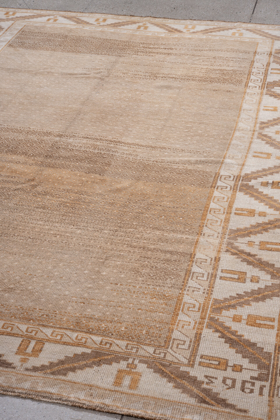 6' x 8' one-of-a-kind handmade antique Kars medium size rug. Color palette: camel, ivory, taupe, tan, brown, rust, beige