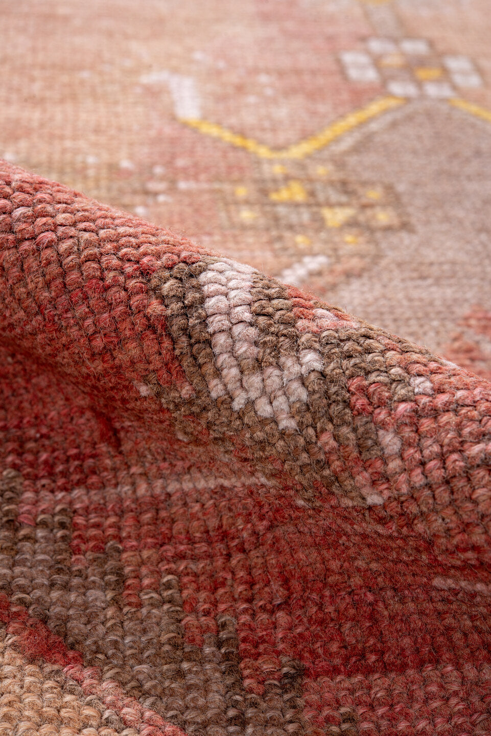 3' x 10' one-of-a-kind handmade vintage Kars runner rug. Color palette: brown, gray, light gray, off-white, orange, pink