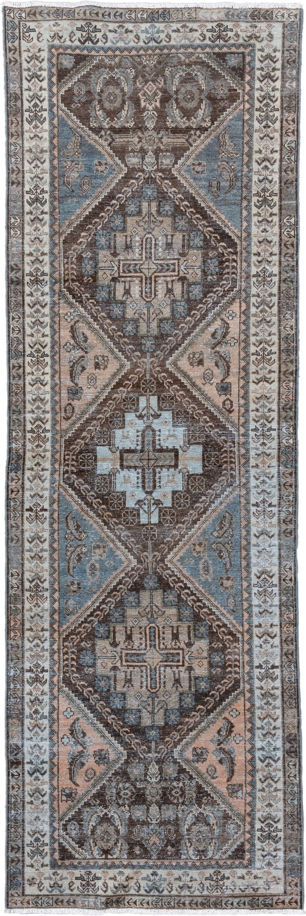 3' x 10' one-of-a-kind handmade antique Afshar runner rug. Color palette: ivory, brown, sky blue, taupe, camel, slate