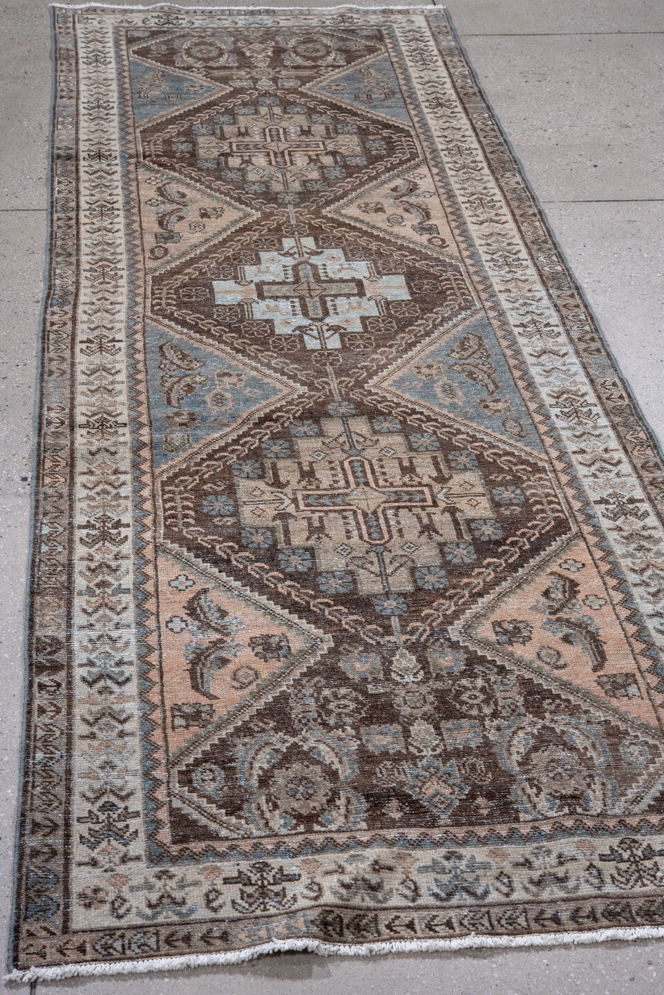 3' x 10' one-of-a-kind handmade antique Afshar runner rug. Color palette: ivory, brown, sky blue, taupe, camel, slate
