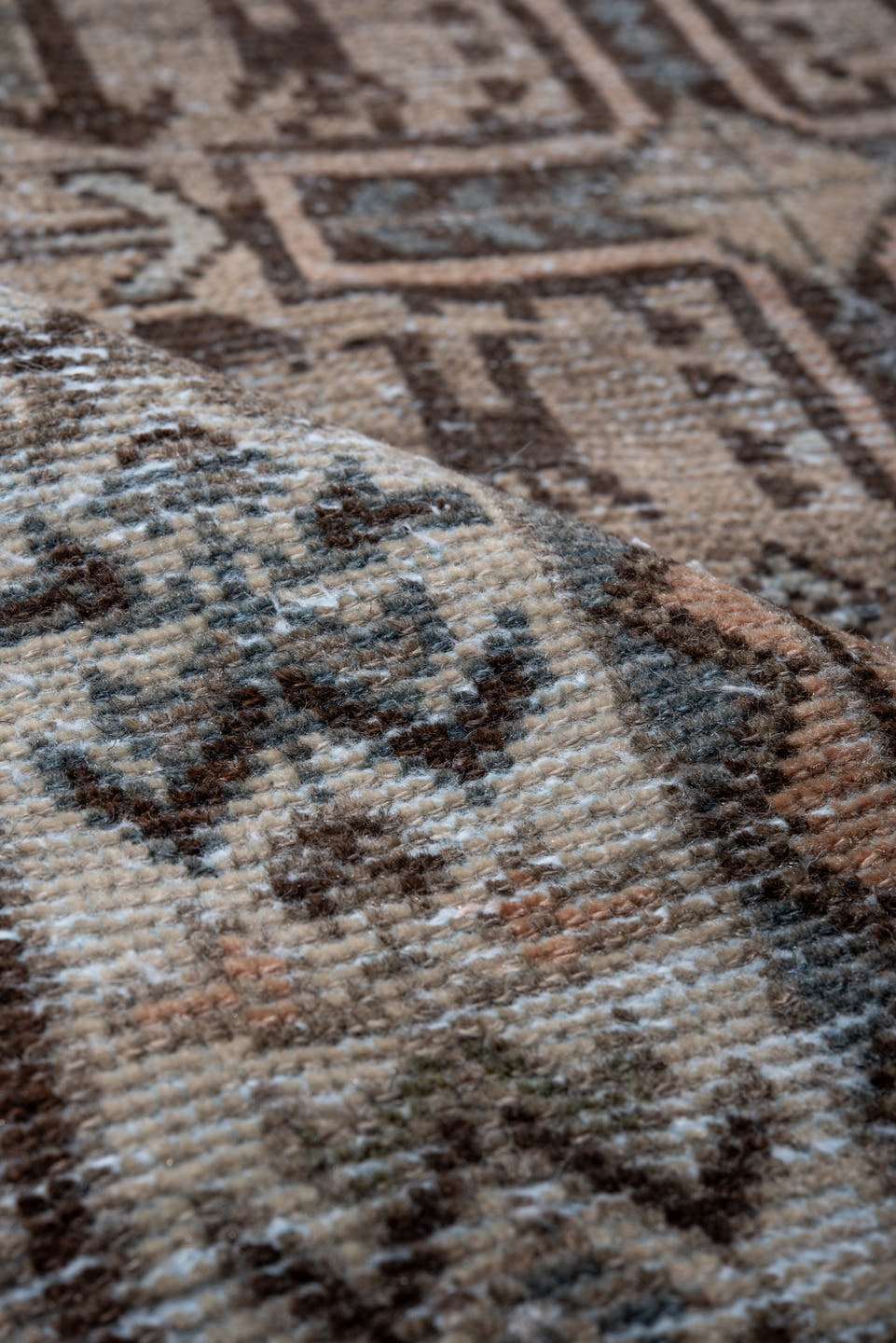 3' x 10' one-of-a-kind handmade antique Afshar runner rug. Color palette: ivory, brown, sky blue, taupe, camel, slate