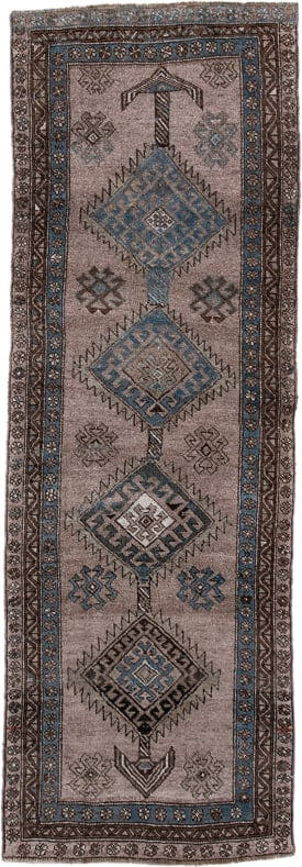3' x 9' one-of-a-kind handmade vintage Kurd runner rug. Color palette: taupe, sky blue, brown, charcoal, ivory, beige, gray