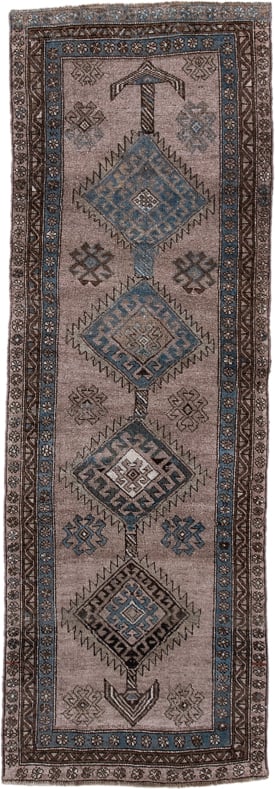 3' x 9' one-of-a-kind handmade vintage Kurd runner rug. Color palette: taupe, sky blue, brown, charcoal, ivory, beige, gray