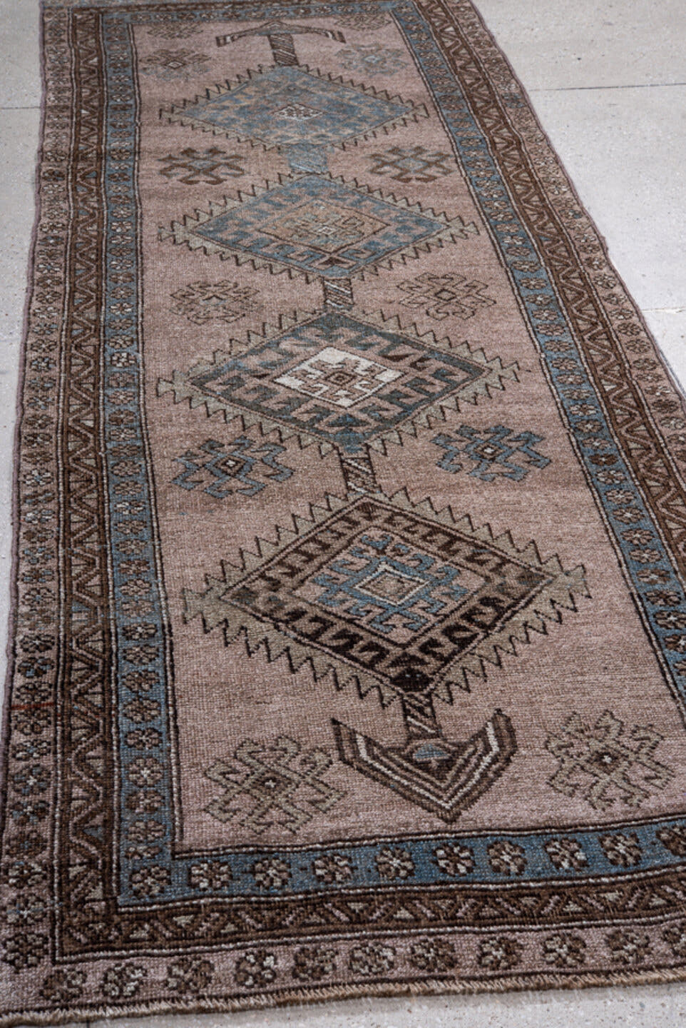 3' x 9' one-of-a-kind handmade vintage Kurd runner rug. Color palette: taupe, sky blue, brown, charcoal, ivory, beige, gray