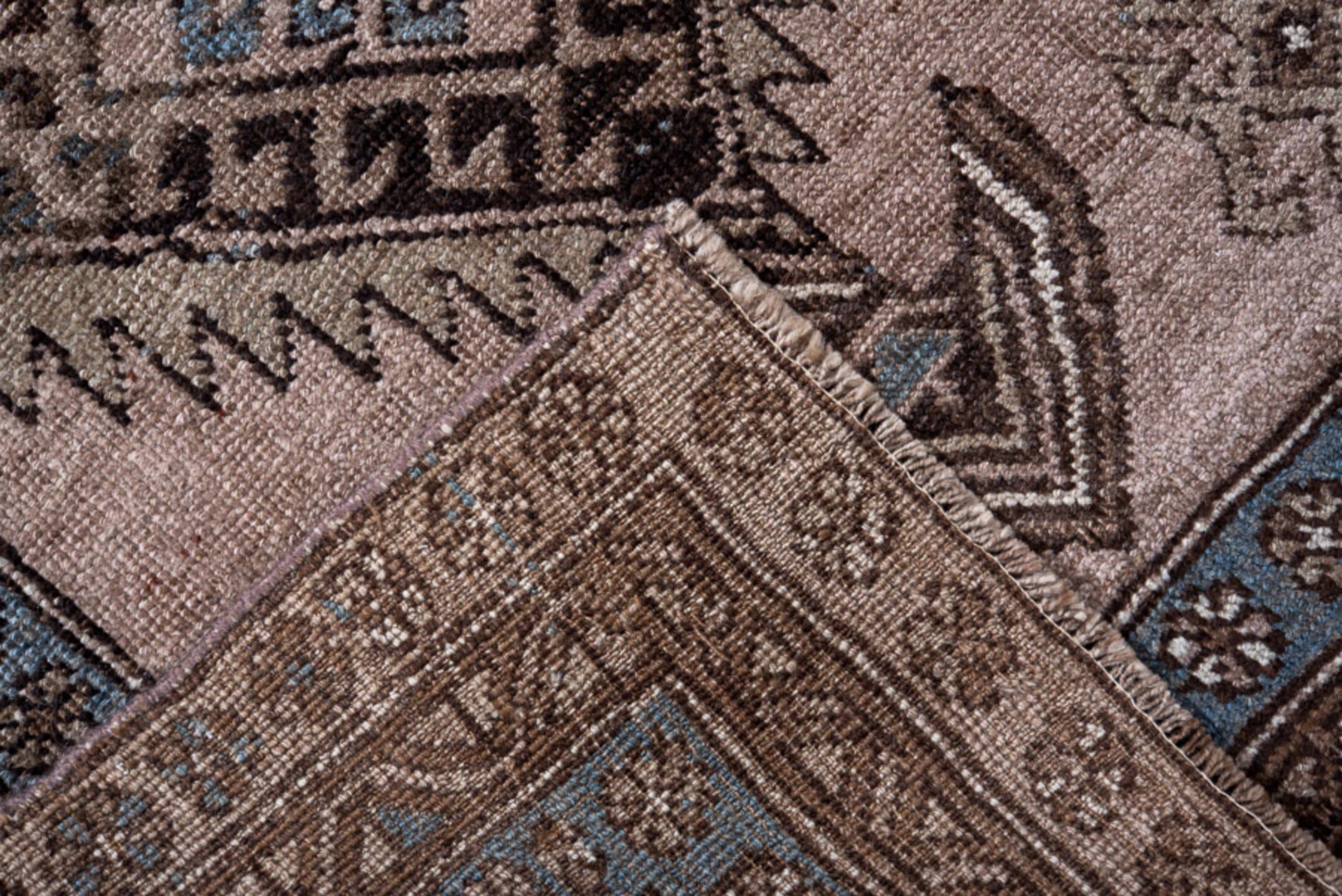 3' x 9' one-of-a-kind handmade vintage Kurd runner rug. Color palette: taupe, sky blue, brown, charcoal, ivory, beige, gray