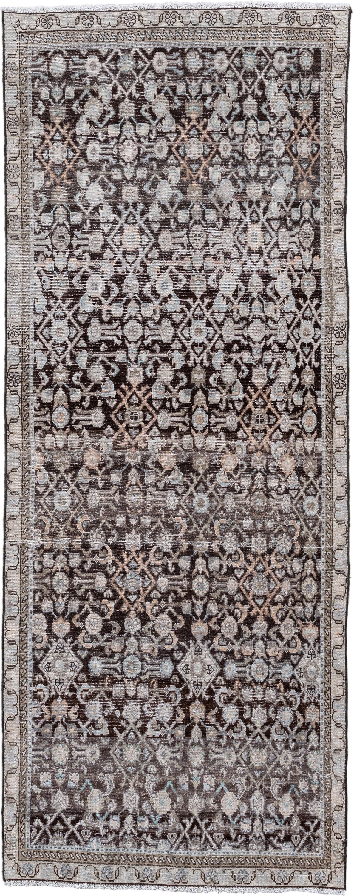 3' x 8' one-of-a-kind handmade antique Mahal runner rug. Color palette: taupe, brown, ivory, charcoal, pale blue, beige