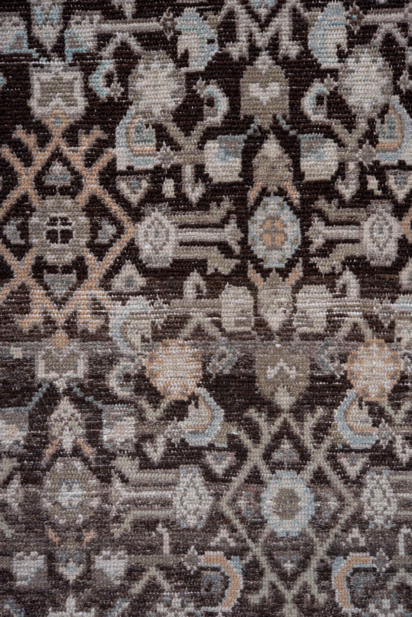 3' x 8' one-of-a-kind handmade antique Mahal runner rug. Color palette: taupe, brown, ivory, charcoal, pale blue, beige