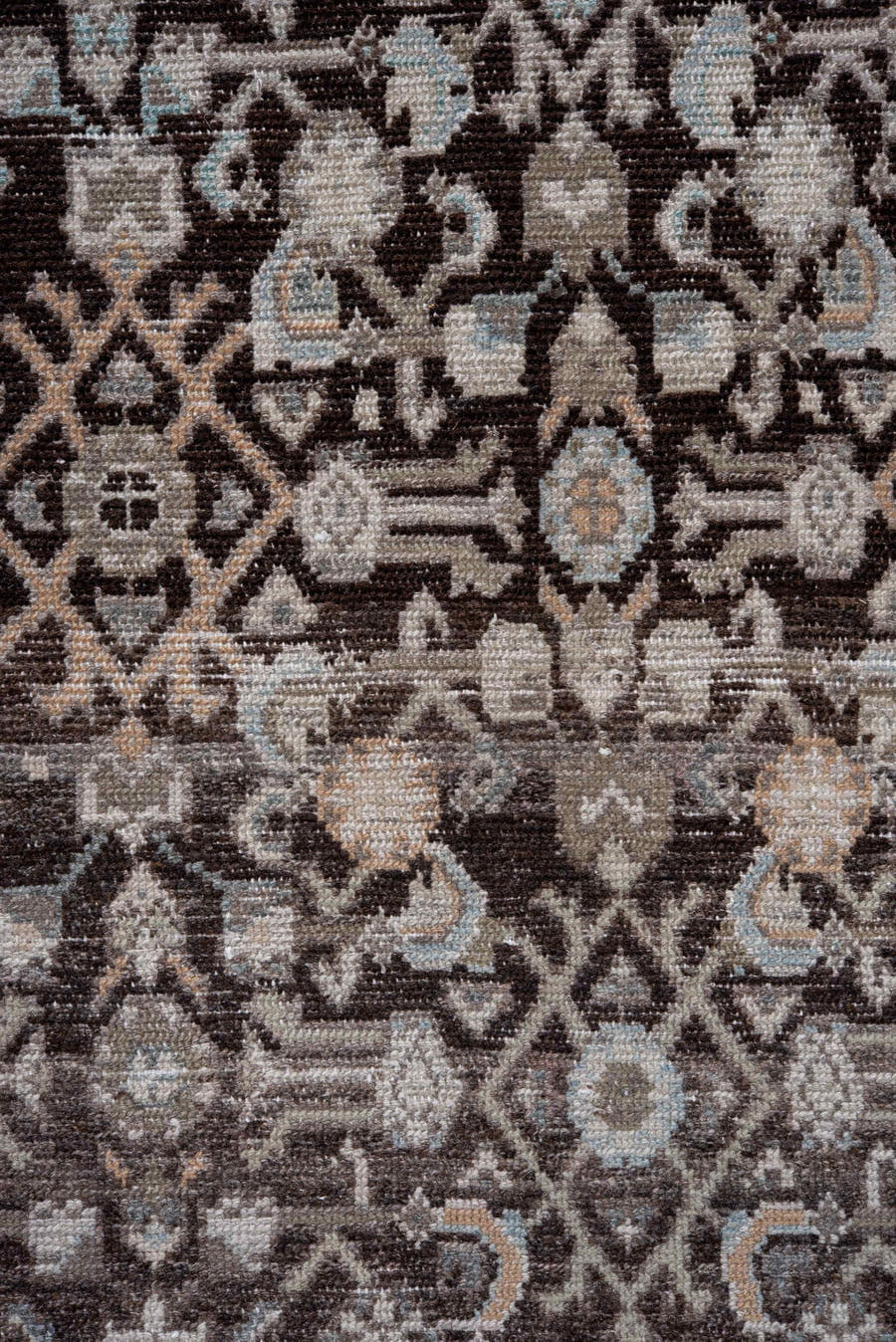 3' x 8' one-of-a-kind handmade antique Mahal runner rug. Color palette: taupe, brown, ivory, charcoal, pale blue, beige
