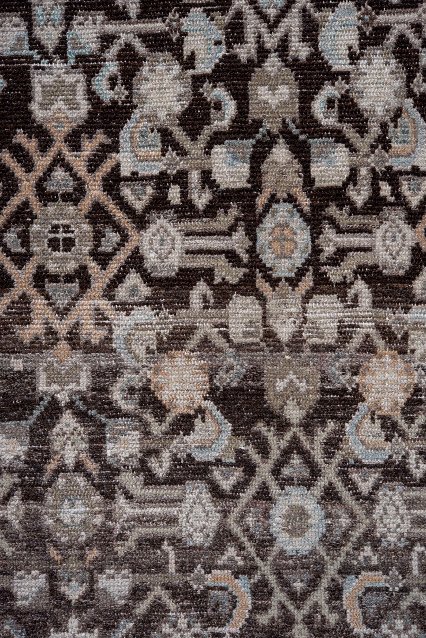 3' x 8' one-of-a-kind handmade antique Mahal runner rug. Color palette: taupe, brown, ivory, charcoal, pale blue, beige