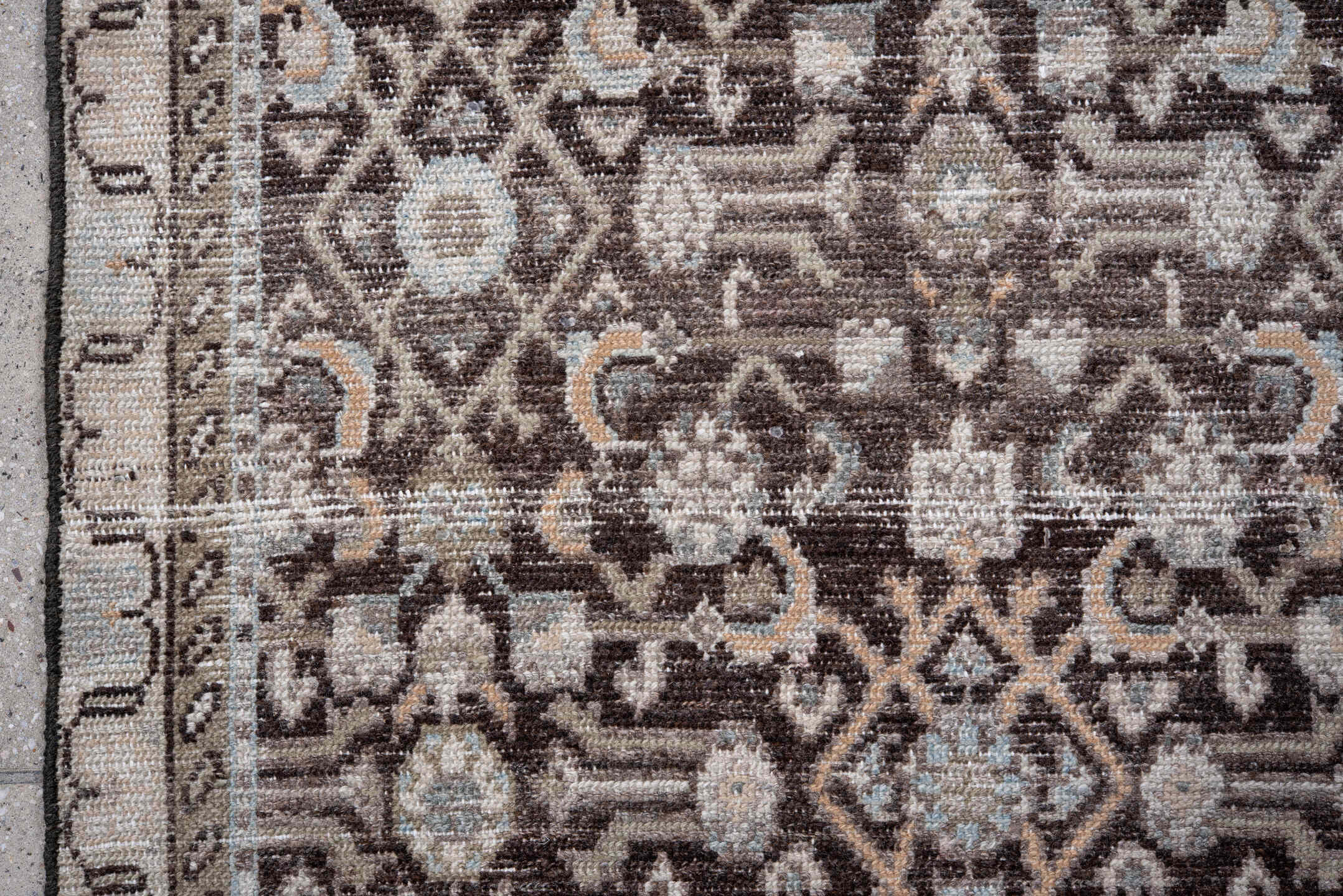 3' x 8' one-of-a-kind handmade antique Mahal runner rug. Color palette: taupe, brown, ivory, charcoal, pale blue, beige