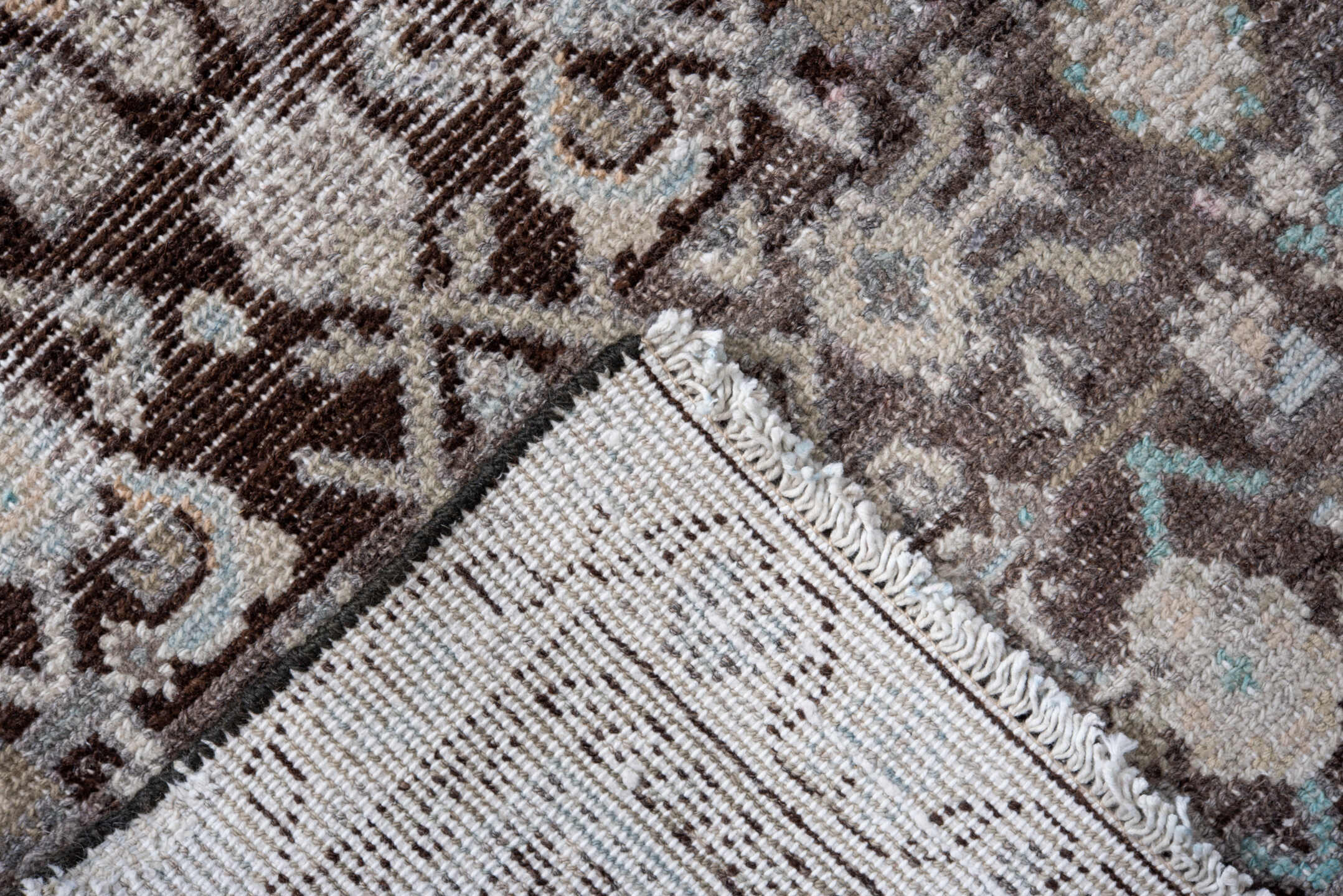 3' x 8' one-of-a-kind handmade antique Mahal runner rug. Color palette: taupe, brown, ivory, charcoal, pale blue, beige