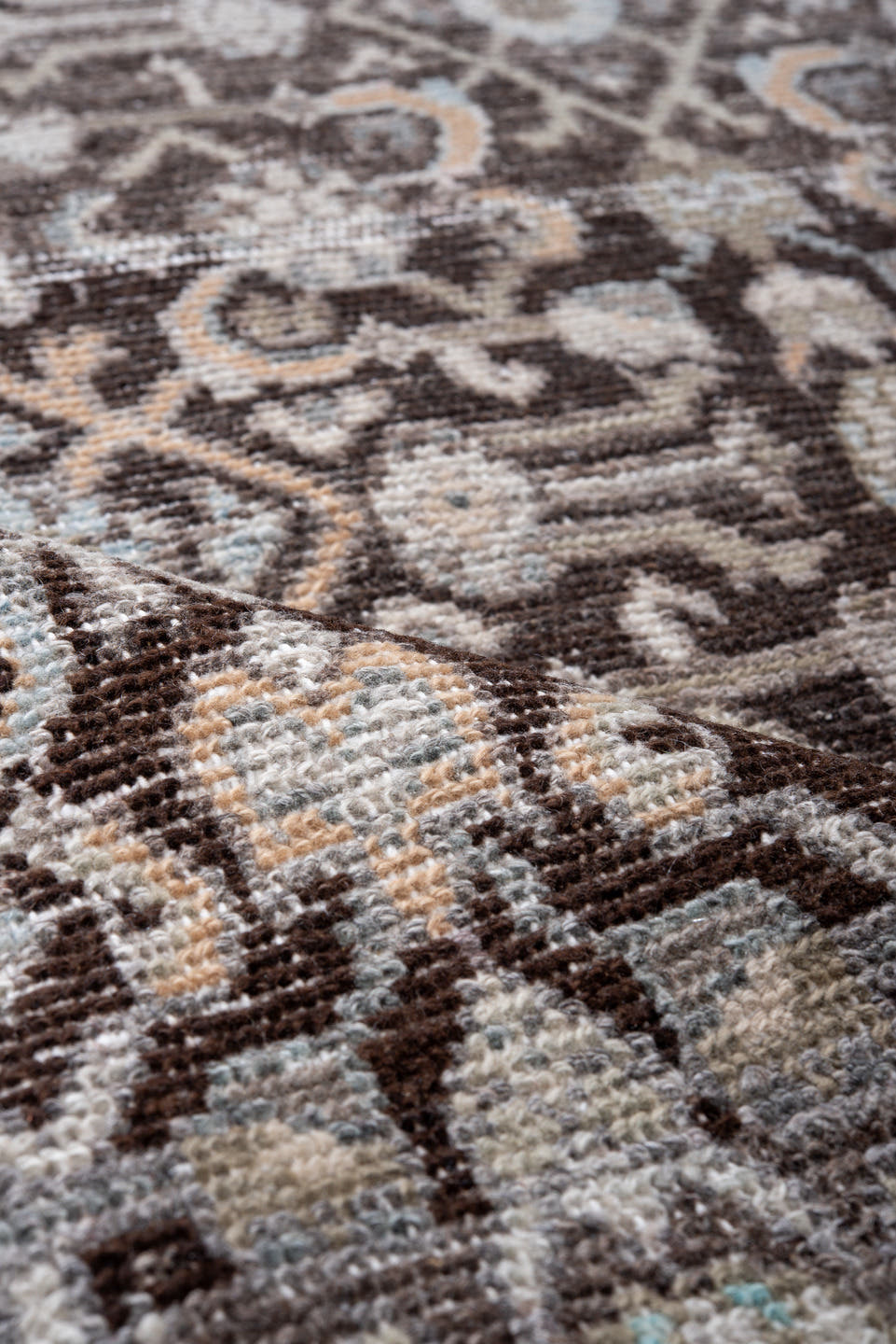 3' x 8' one-of-a-kind handmade antique Mahal runner rug. Color palette: taupe, brown, ivory, charcoal, pale blue, beige