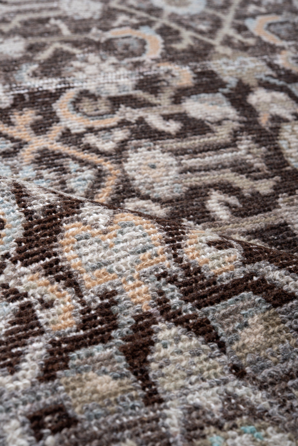 3' x 8' one-of-a-kind handmade antique Mahal runner rug. Color palette: taupe, brown, ivory, charcoal, pale blue, beige