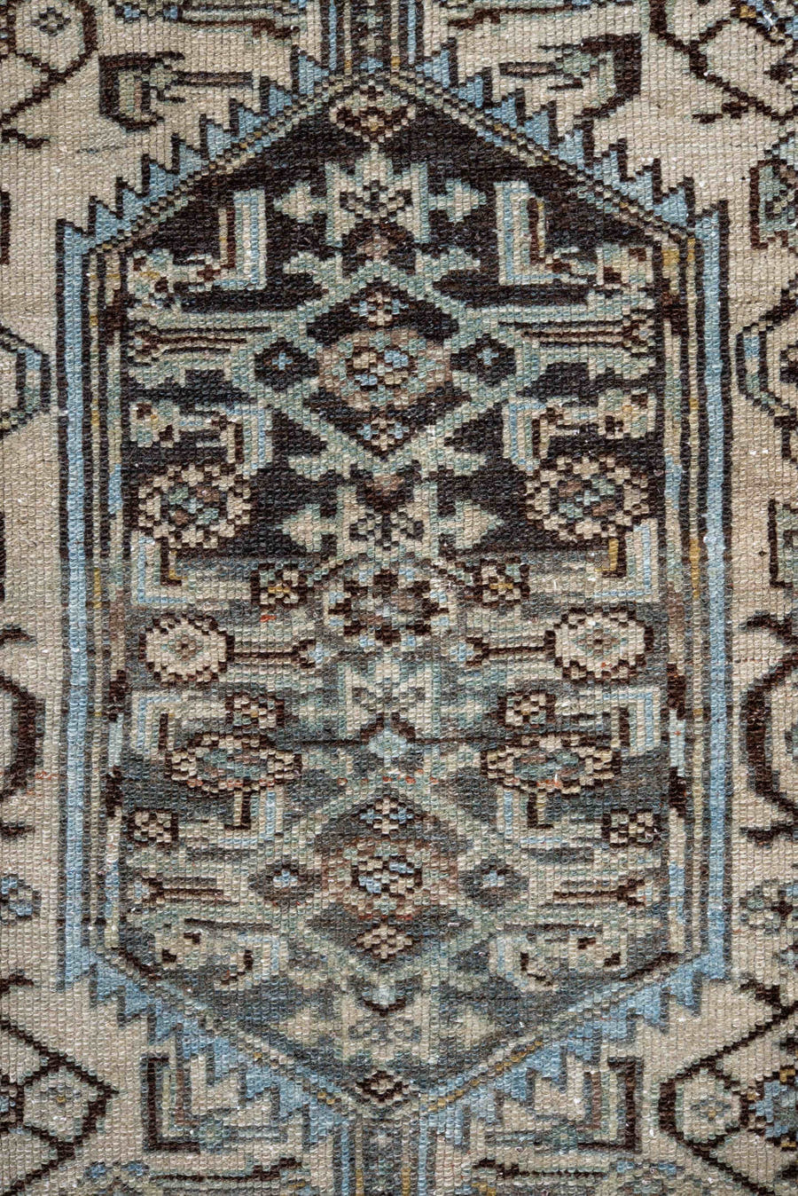 3' x 6' one-of-a-kind handmade antique Malayer runner rug. Color palette: ivory, sky blue, slate, rust, brown, taupe