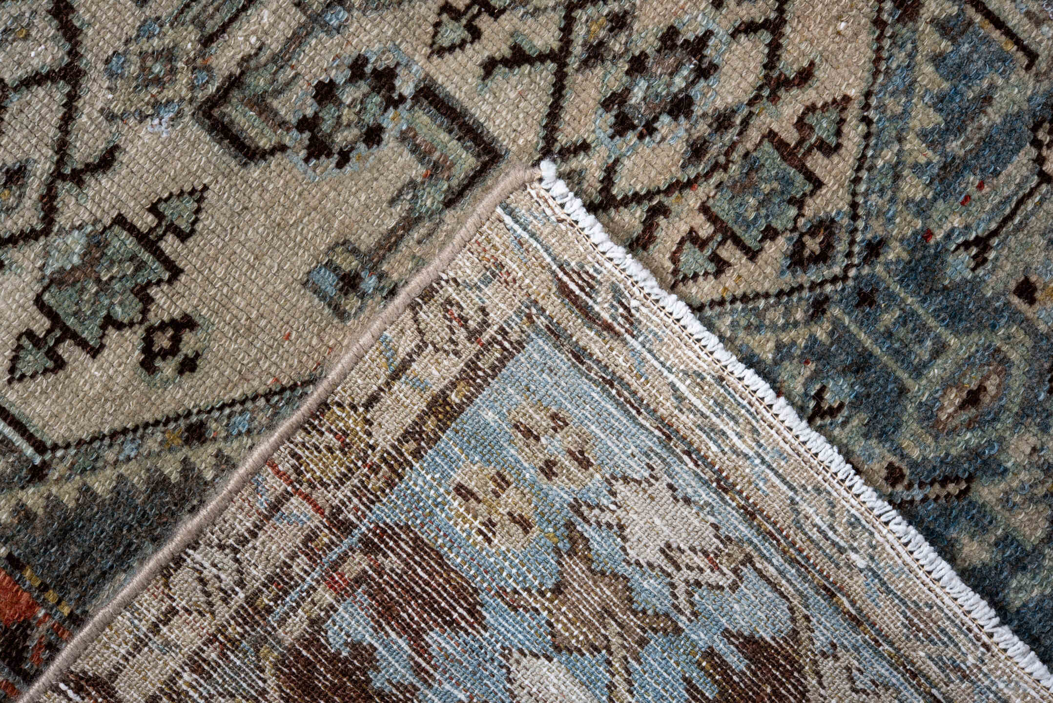 3' x 6' one-of-a-kind handmade antique Malayer runner rug. Color palette: ivory, sky blue, slate, rust, brown, taupe