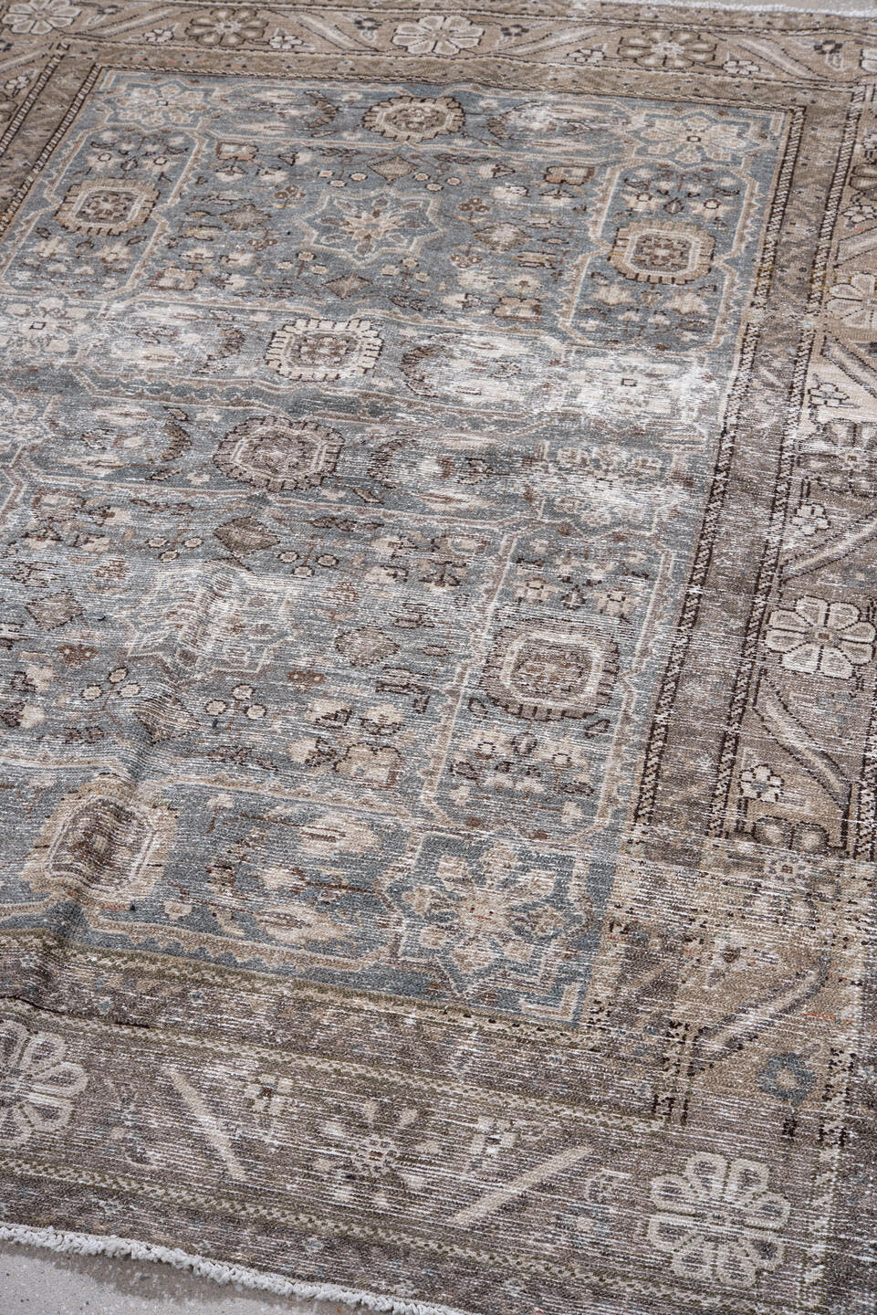 4' x 6' one-of-a-kind handmade vintage Malayer small size rug. Color palette: ivory, taupe, light blue, brown, beige, slate