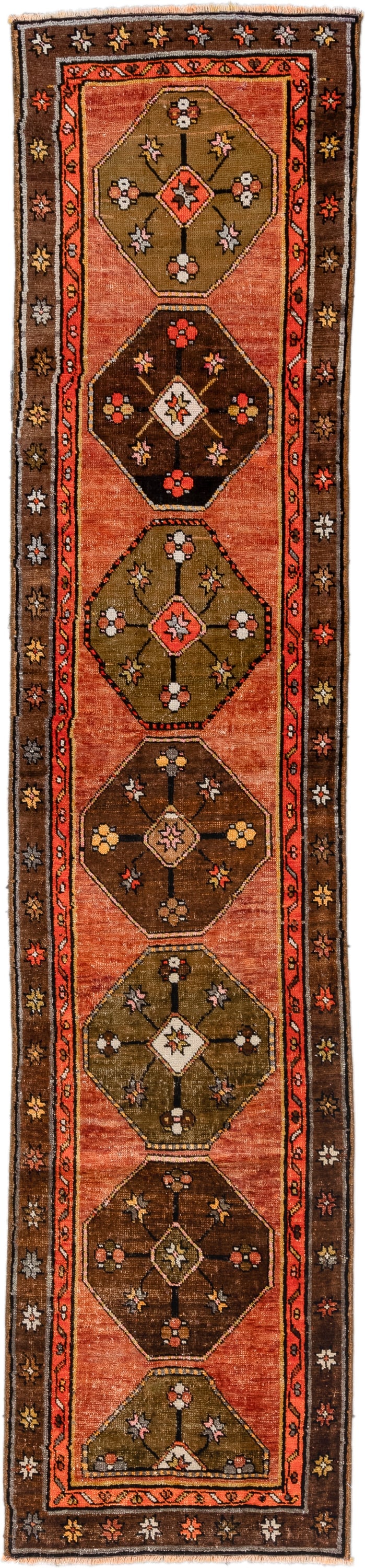2' x 10' one-of-a-kind handmade antique Kars runner rug. Color palette: salmon, brown, olive, rust, ivory, coral, taupe