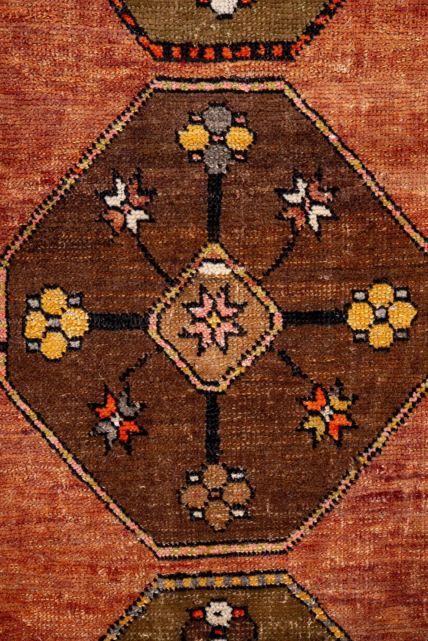 2' x 10' one-of-a-kind handmade antique Kars runner rug. Color palette: salmon, brown, olive, rust, ivory, coral, taupe