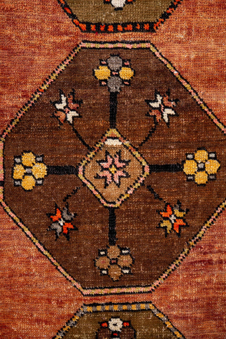 2' x 10' one-of-a-kind handmade antique Kars runner rug. Color palette: salmon, brown, olive, rust, ivory, coral, taupe