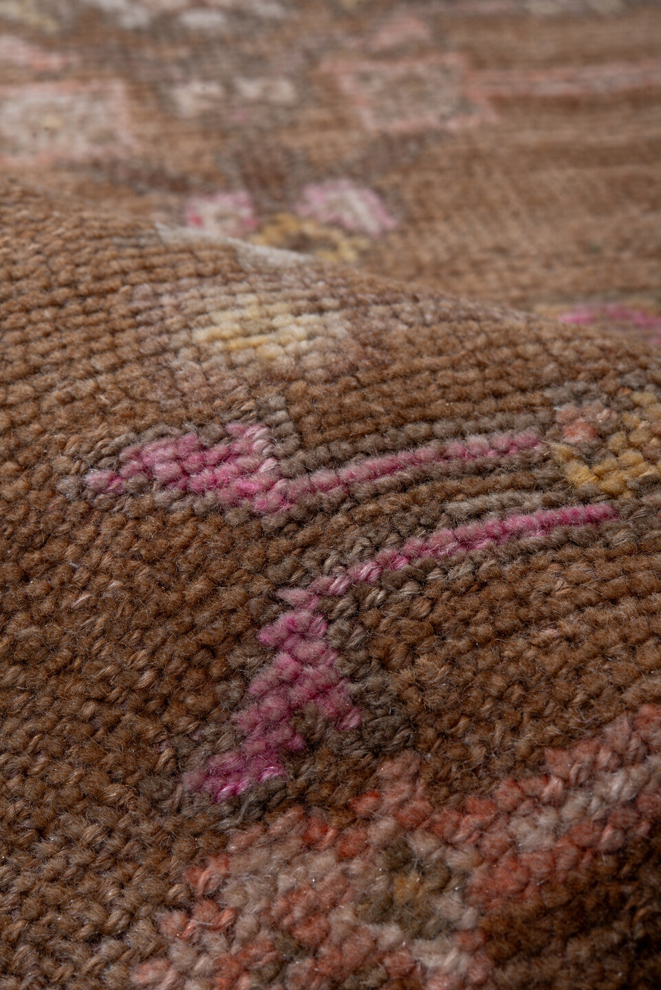 2' x 11' one-of-a-kind handmade vintage Kars runner rug. Color palette: brown, gray, light gray, off-white, pink, snow