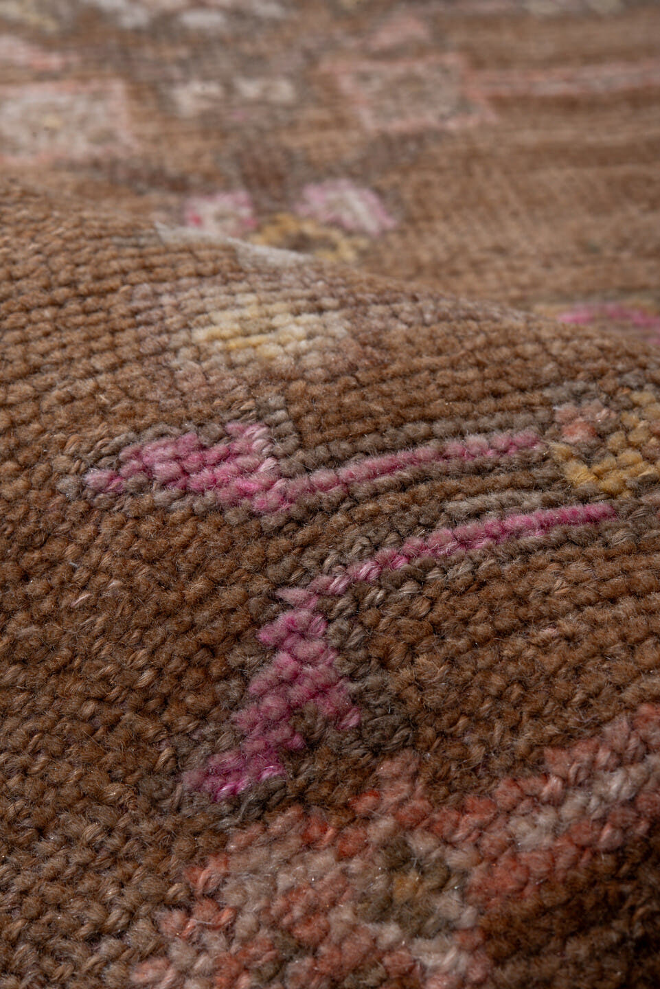 2' x 11' one-of-a-kind handmade antique Kars runner rug. Color palette: camel, taupe, rose, ivory, rust, brown, sage, beige