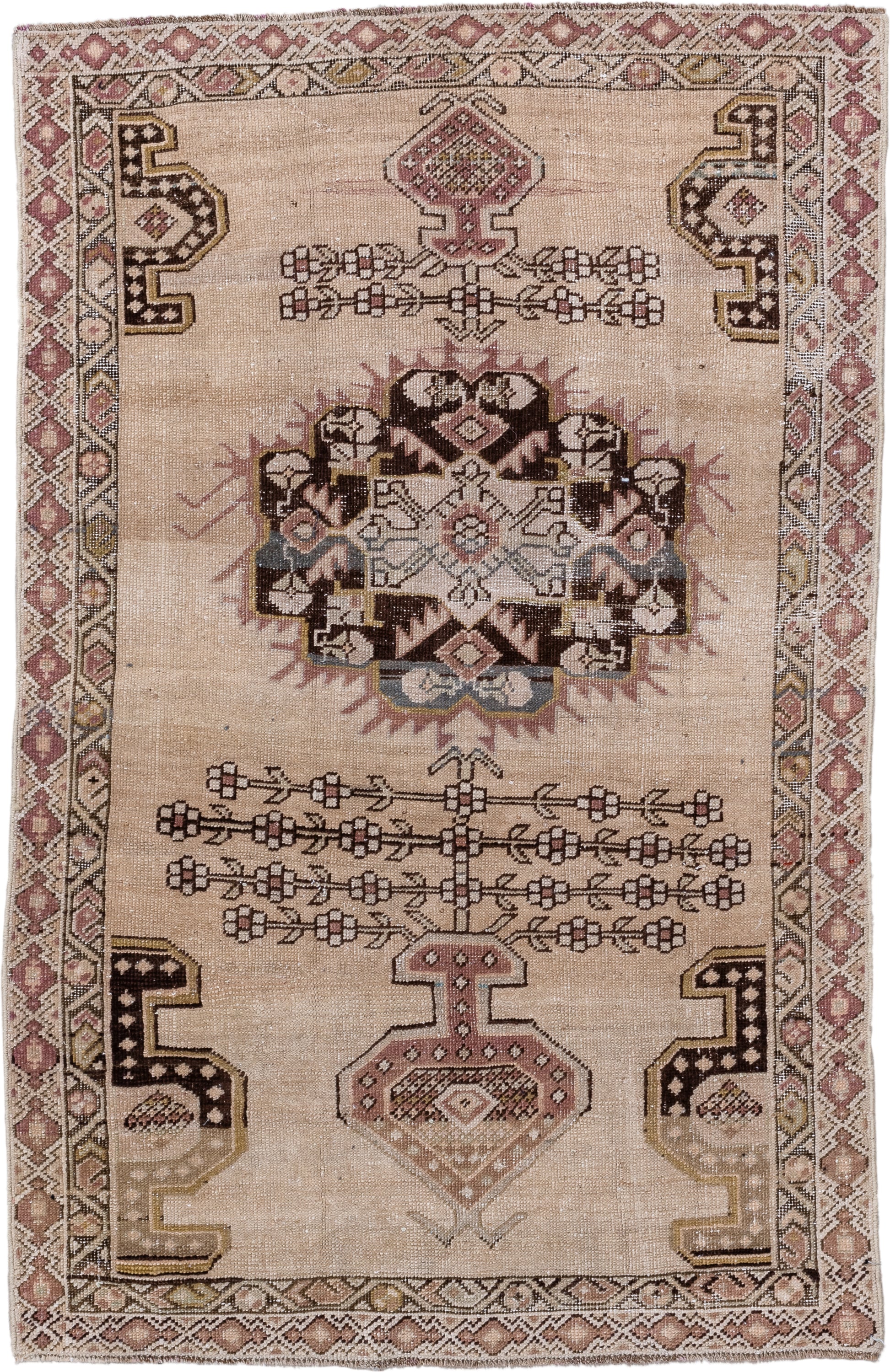 3' x 4' one-of-a-kind handmade antique Karabagh small size rug. Color palette: ivory, rose, brown, taupe, camel, gold