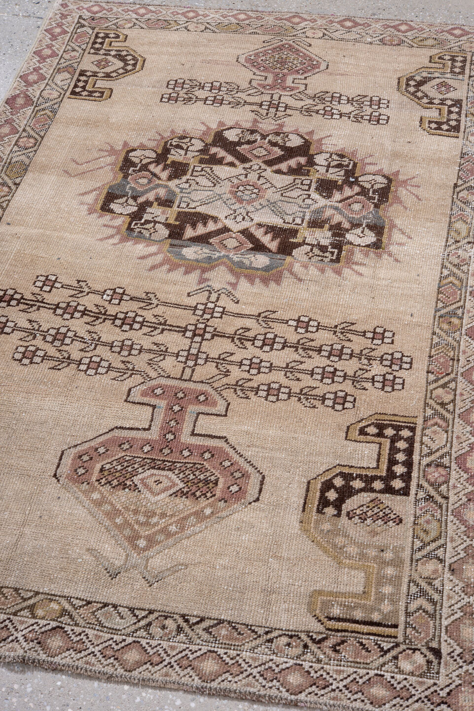 3' x 4' one-of-a-kind handmade antique Karabagh small size rug. Color palette: ivory, rose, brown, taupe, camel, gold